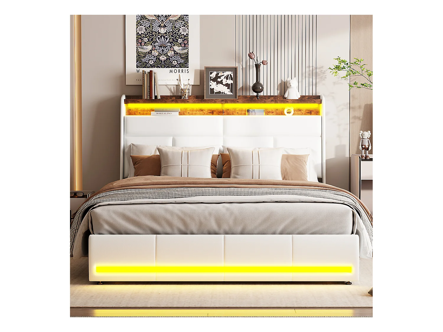 140x200 Stauraumbett mit Lattenrost und USB, LED, Bettgestell mit Stauraum und Kopfteil, Weiß