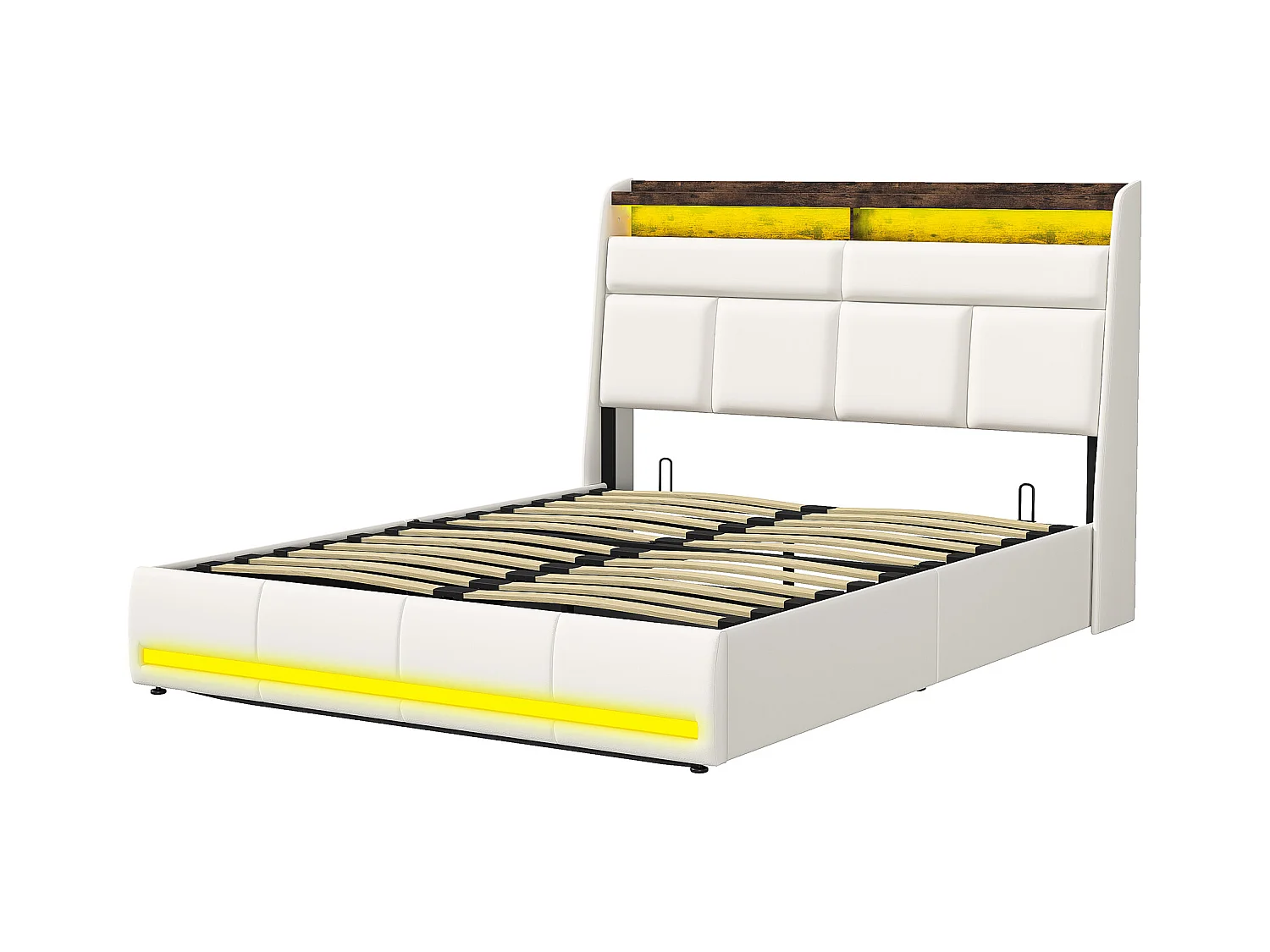 140x200 Stauraumbett mit Lattenrost und USB, LED, Bettgestell mit Stauraum und Kopfteil, Weiß