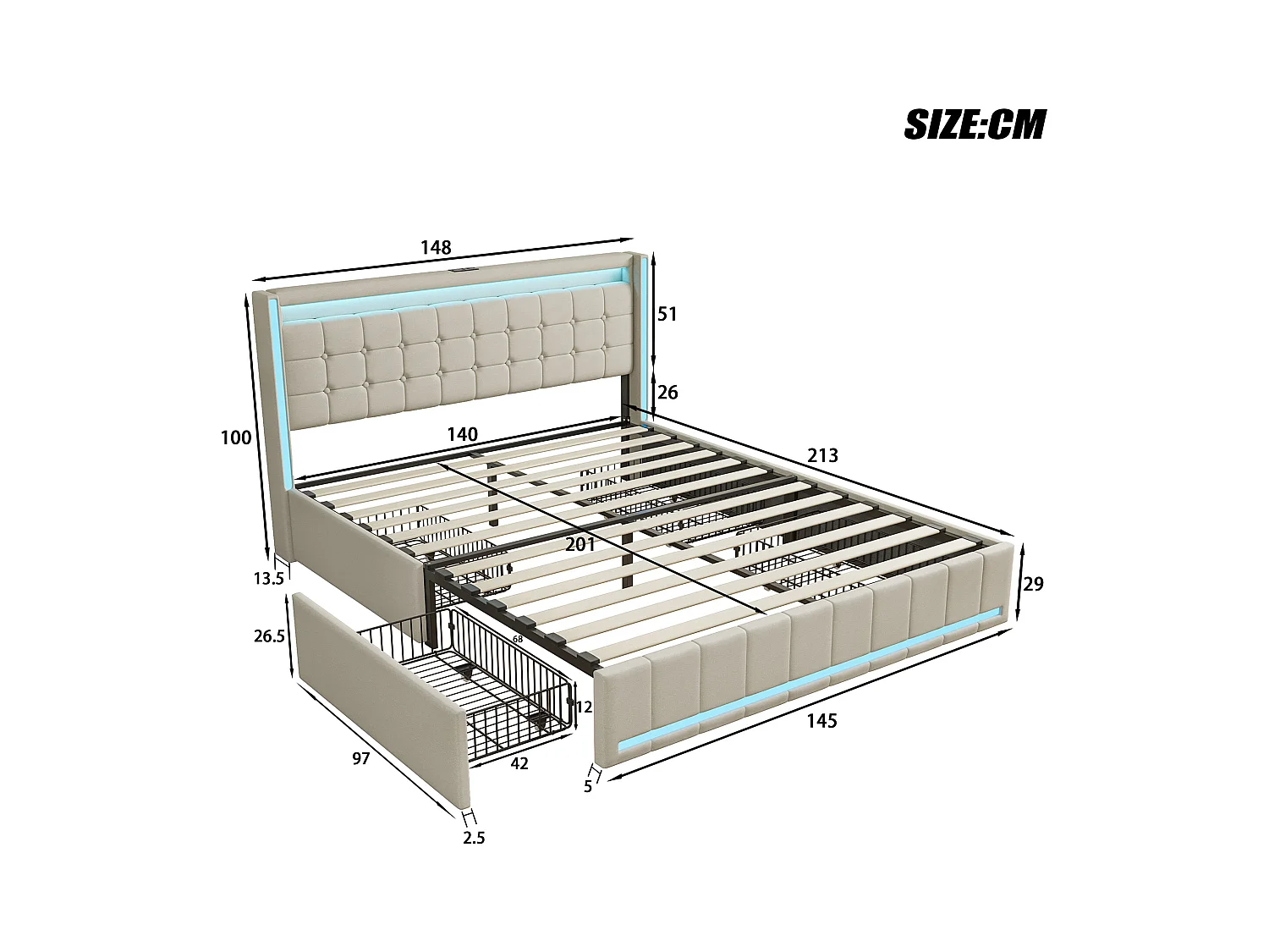 Letto matrimoniale 140x200 cm beige, LED, USB, 4 cassetti in metallo, lino, pratico e moderno per adulti