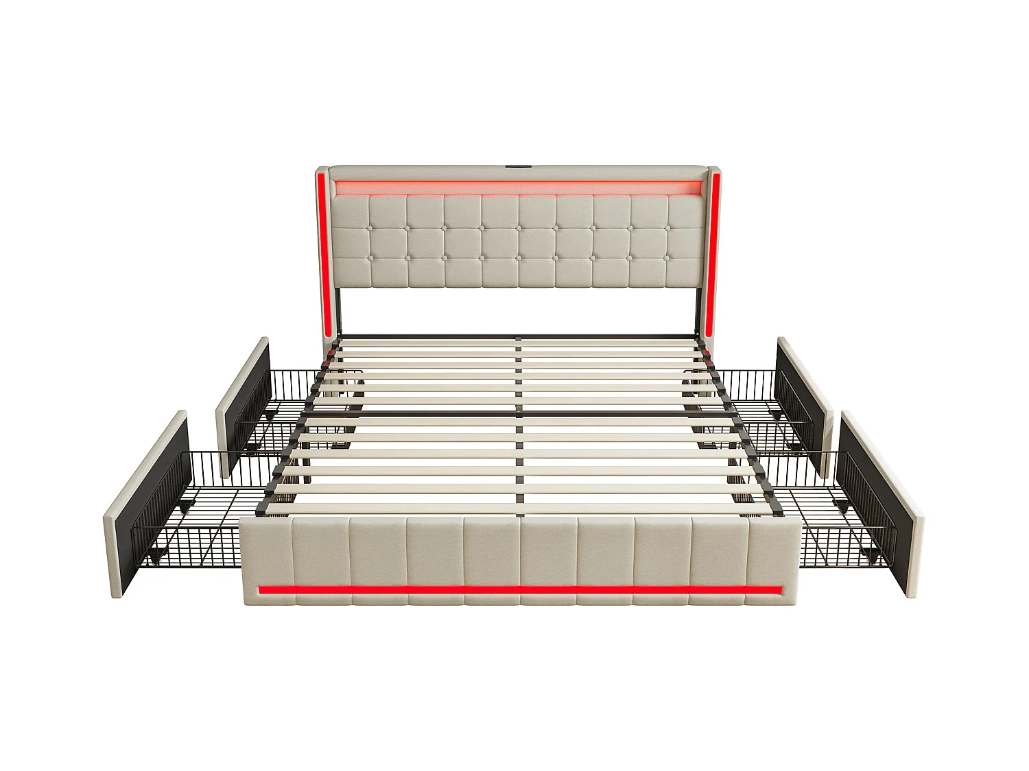 Letto matrimoniale 140x200 cm beige, LED, USB, 4 cassetti in metallo, lino, pratico e moderno per adulti