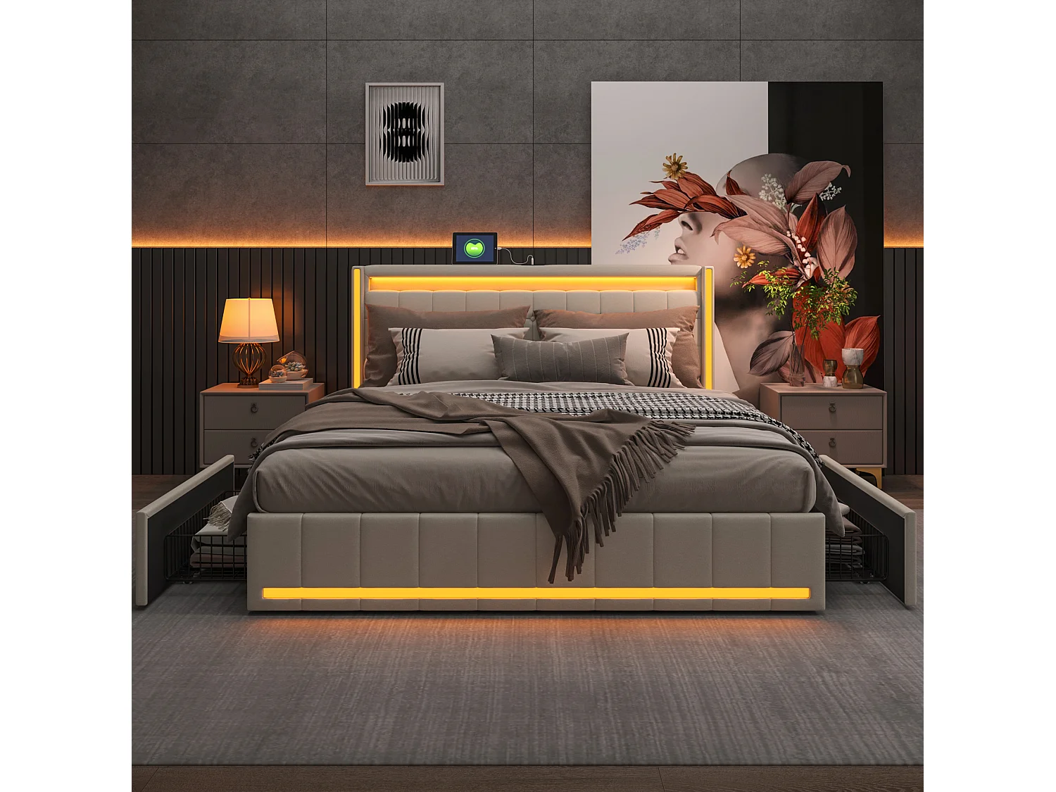 Lit Double 140x200 Cm Beige, LED, USB, 4 Tiroirs Métal, En Lin, Pratique Et Moderne Pour Adulte