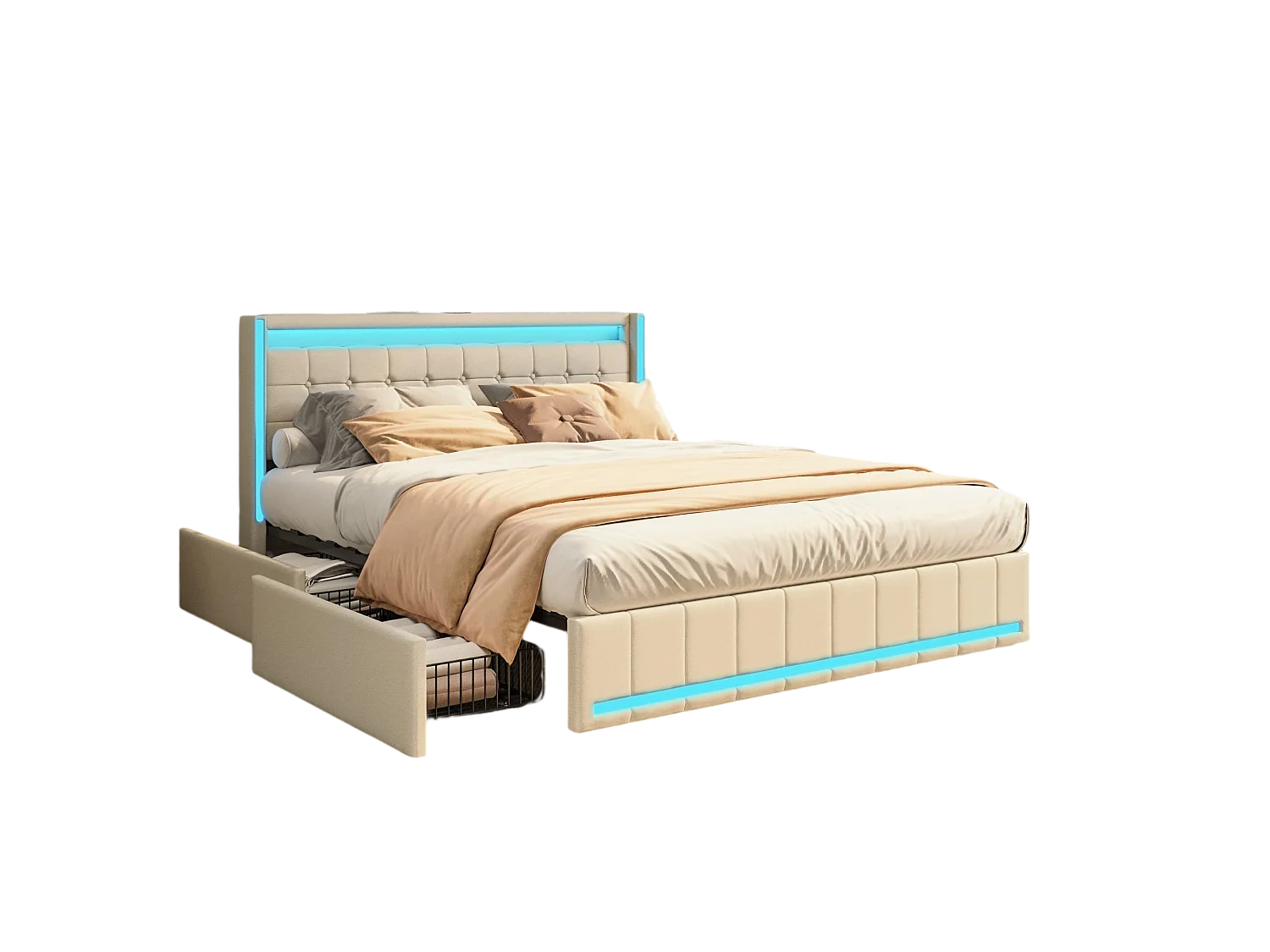 Lit Double 140x200 Cm Beige, LED, USB, 4 Tiroirs Métal, En Lin, Pratique Et Moderne Pour Adulte