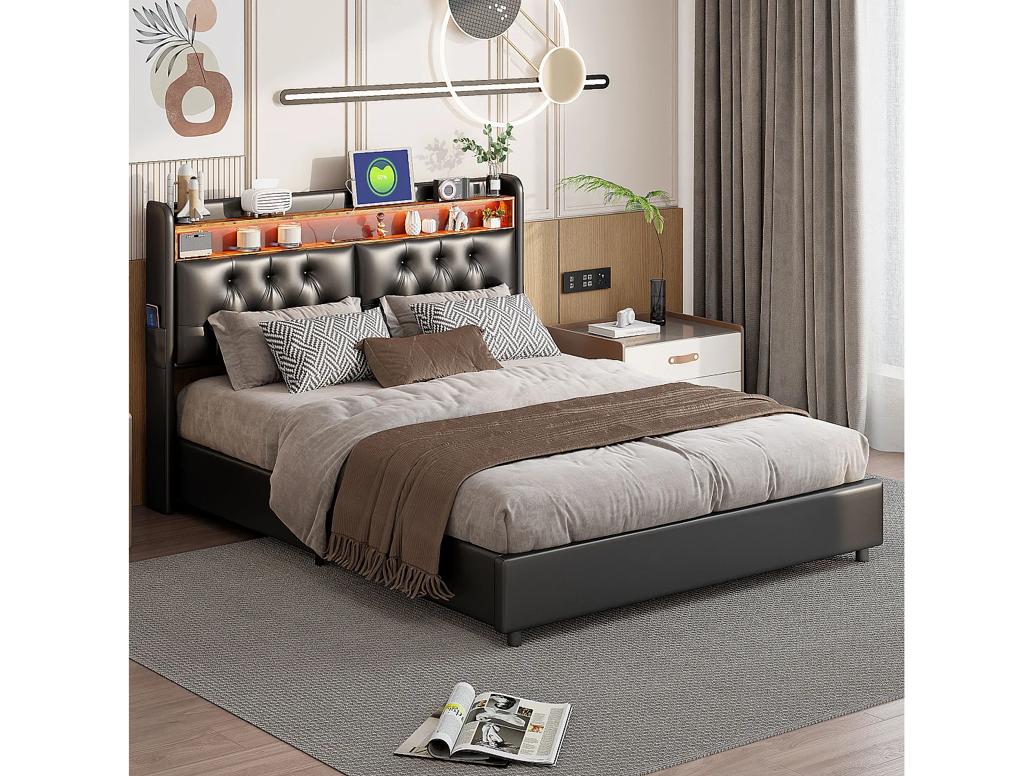 Gestoffeerd bed 180x200 met USB en stopcontacten, LED, hydraulisch opbergbed, tweepersoonsbed, kunstleer, zwart