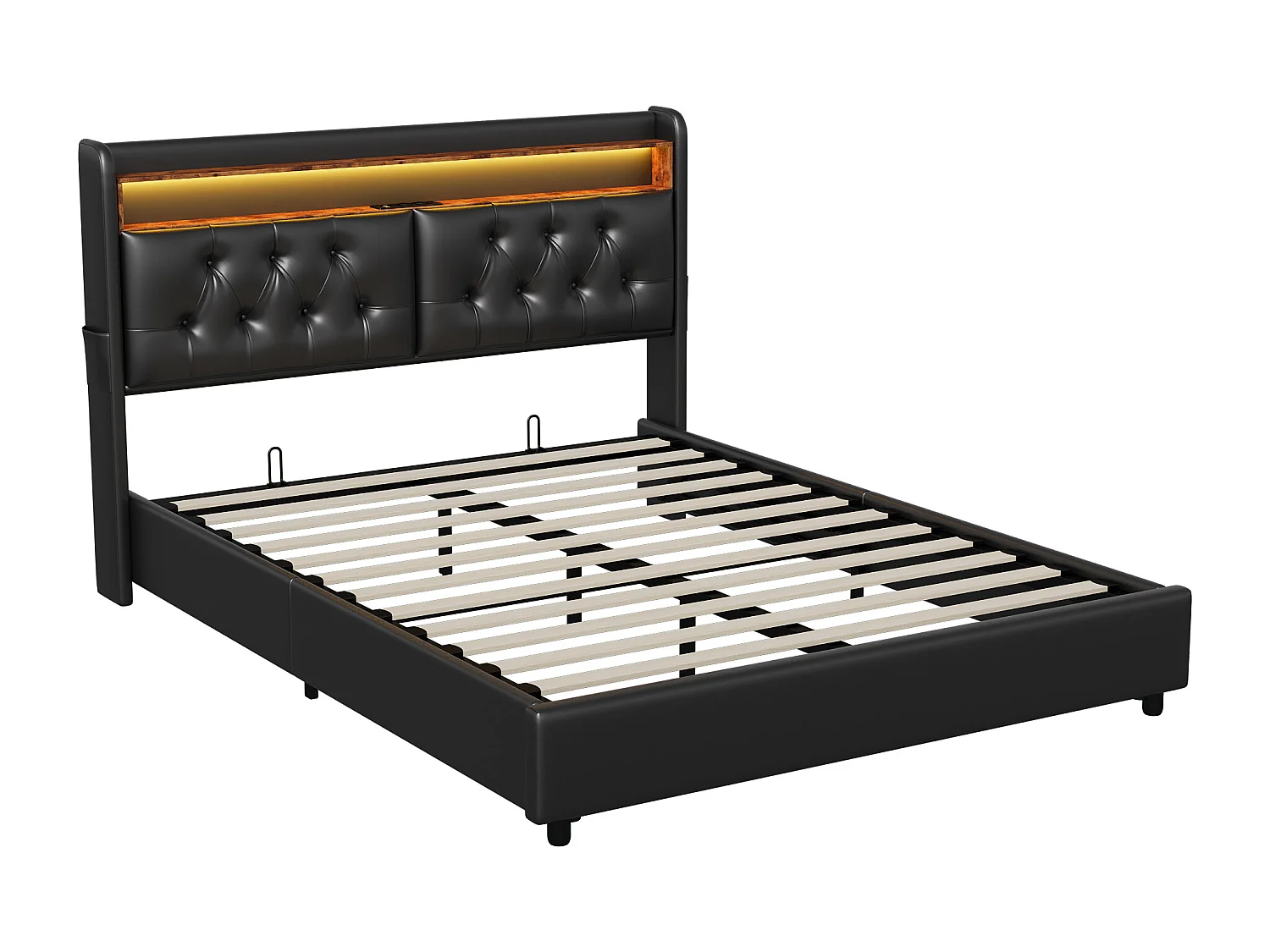 Gestoffeerd bed 180x200 met USB en stopcontacten, LED, hydraulisch opbergbed, tweepersoonsbed, kunstleer, zwart