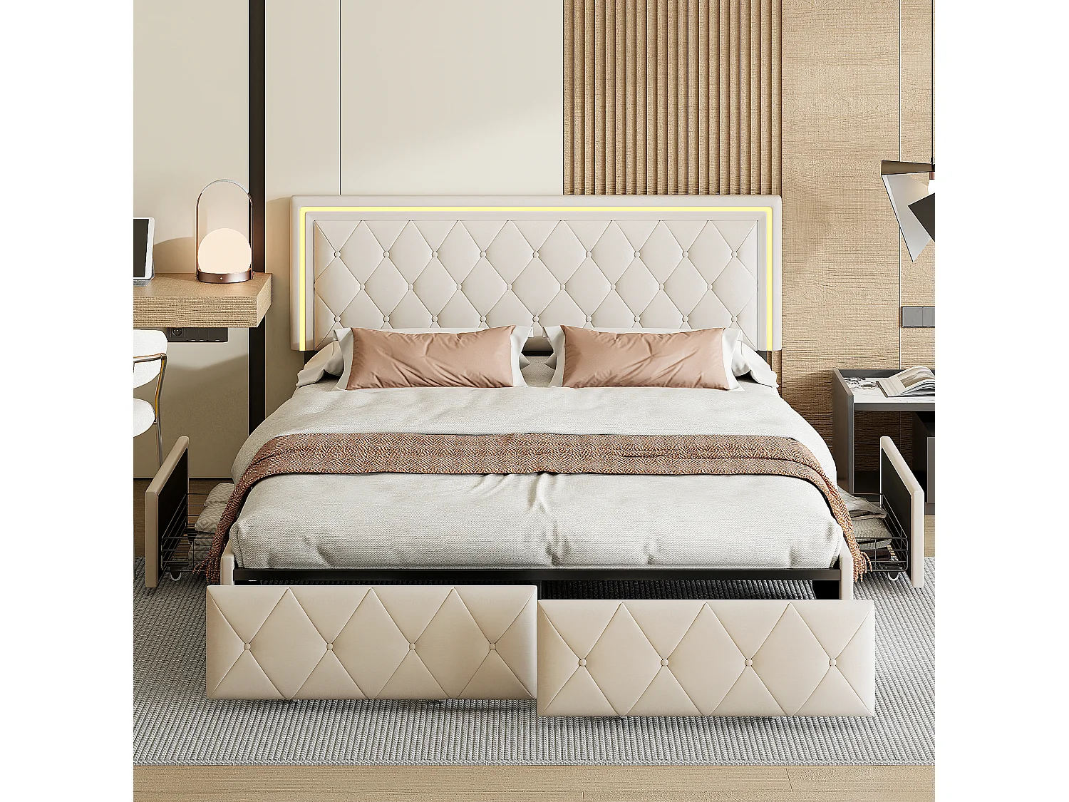 Tweepersoonsbed voor volwassenen 160x200 cm, 4 lades, gestoffeerd met led-verlichting, lattenbodem, wit PU