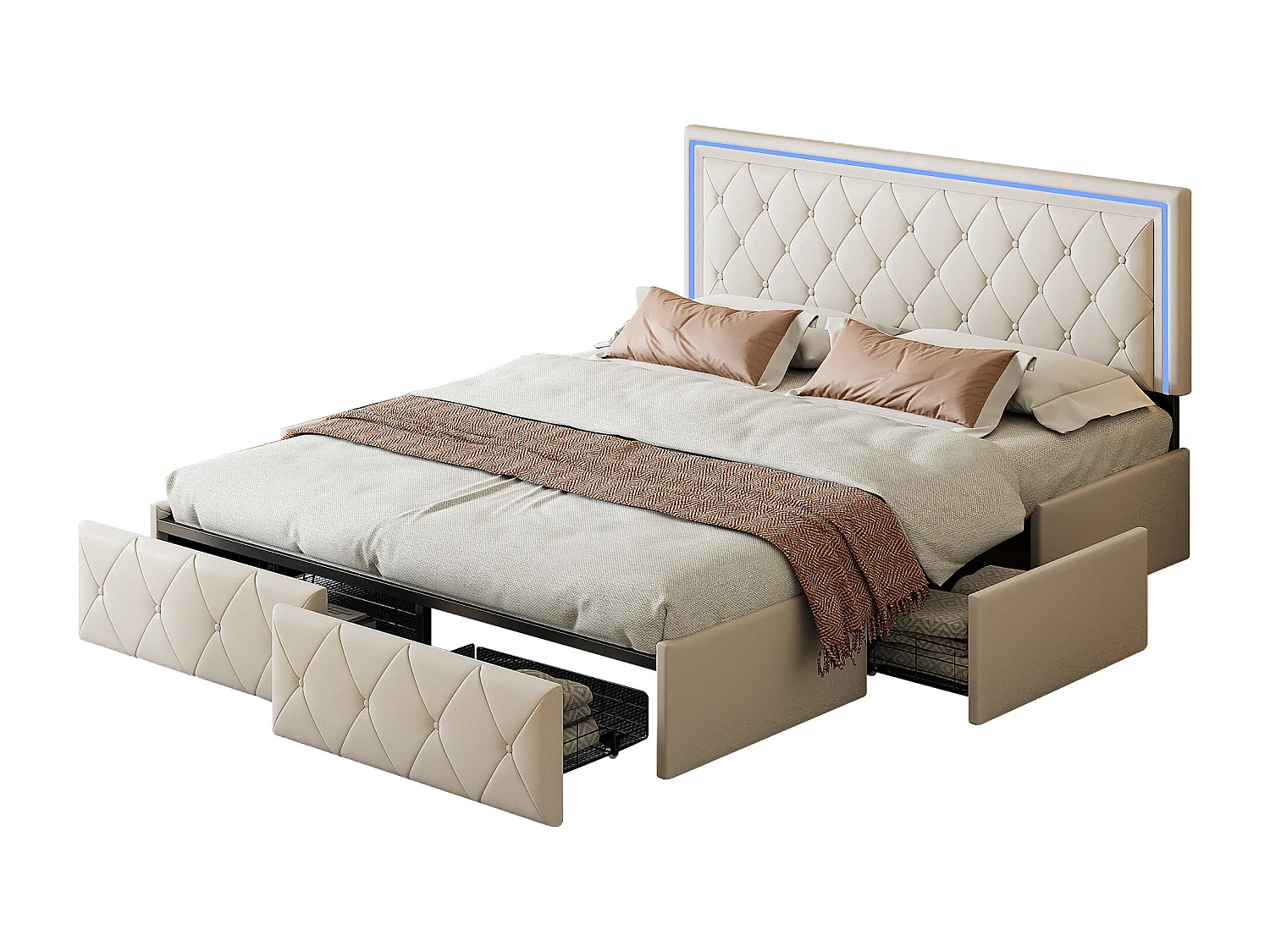 Lit Adulte Double 160x200 Cm, 4 Tiroirs, Rembourré Avec Lumière LED, Sommier à Lattes, Pu Blanc.