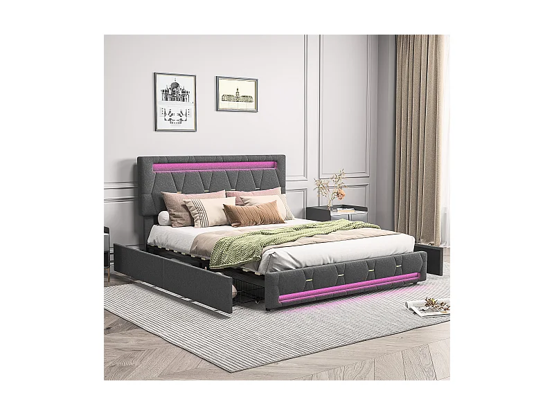 160x200 Bett mit LED und USB-Basis, Polsterbett mit 4 Schubladen und großem Stauraumbett, Grau