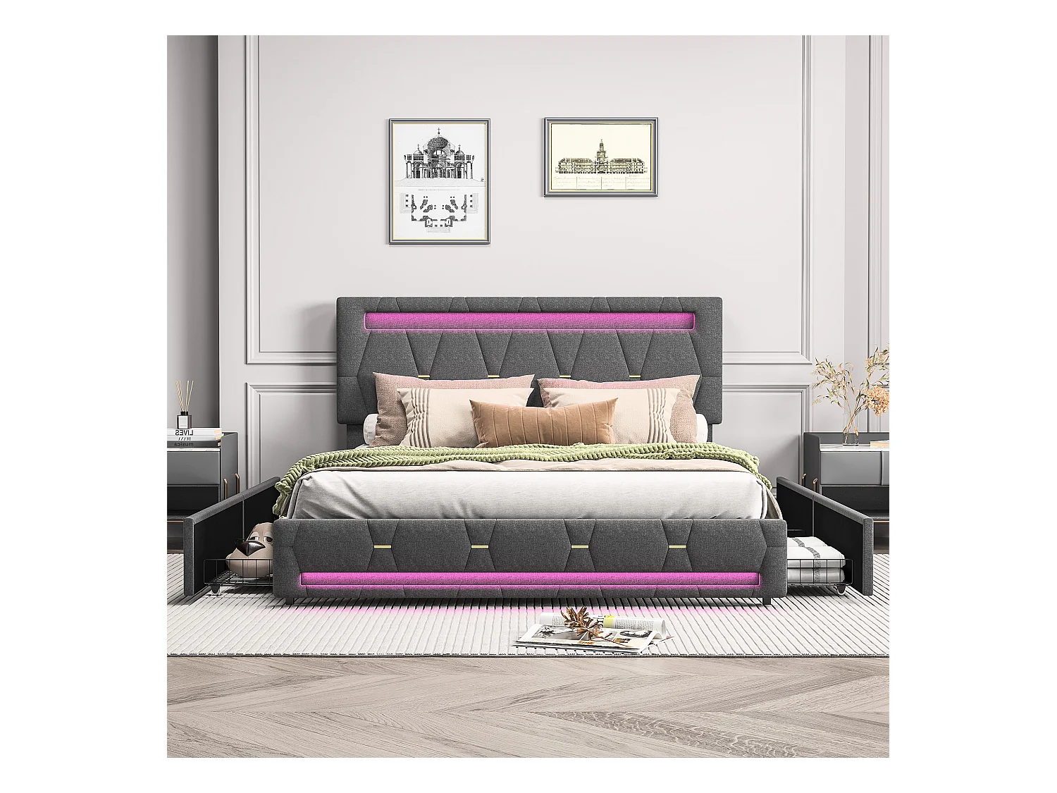 Lit 160x200 Avec Sommier LED Et USB,lit Capitonné Avec 4 Tiroirs Et Grand Rangement Lit,gris