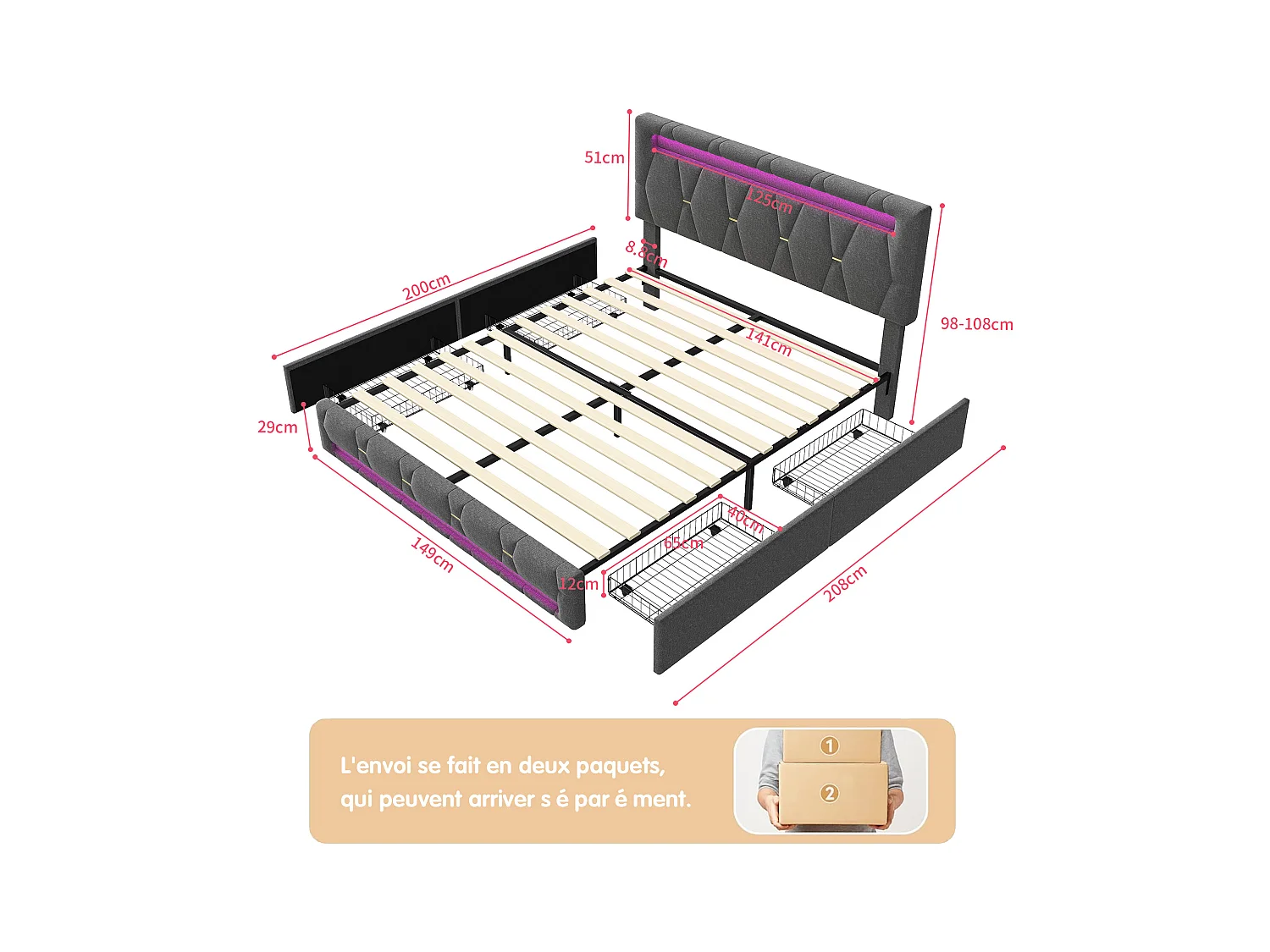 Lit 160x200 Avec Sommier LED Et USB,lit Capitonné Avec 4 Tiroirs Et Grand Rangement Lit,gris