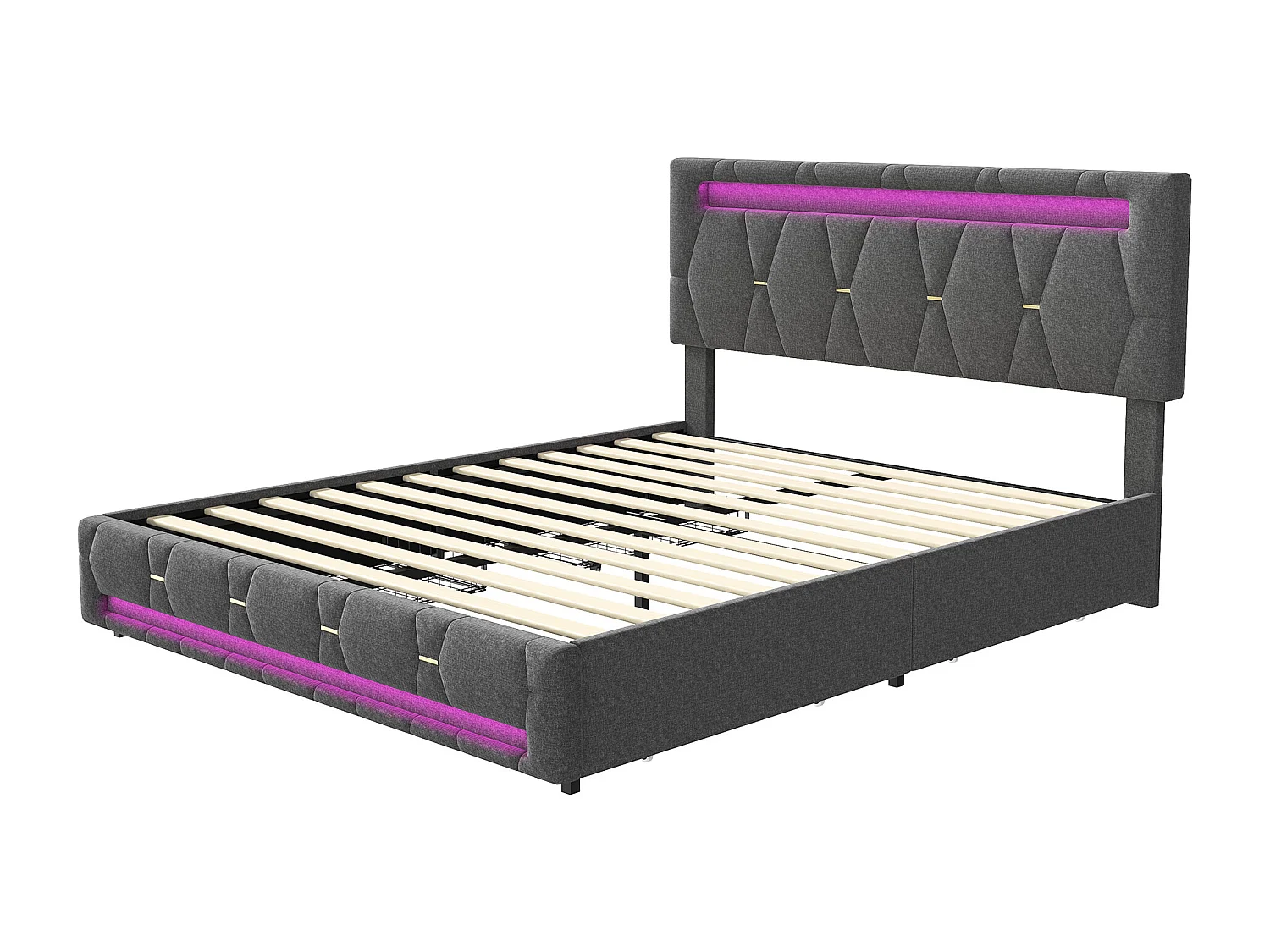Bed 160x200 met LED- en USB-basis, gestoffeerd bed met 4 lades en groot opbergbed, grijs
