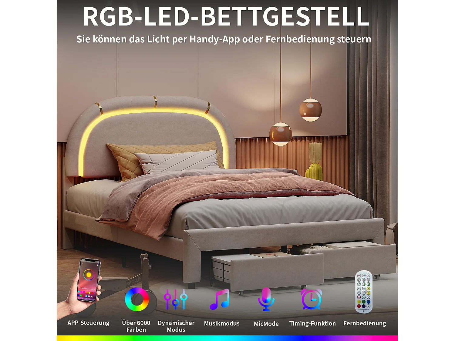 Bed 140x200 cm, Gestoffeerd bed met LED, met 2 lades, hoofdbord en lattenbodem, Beige
