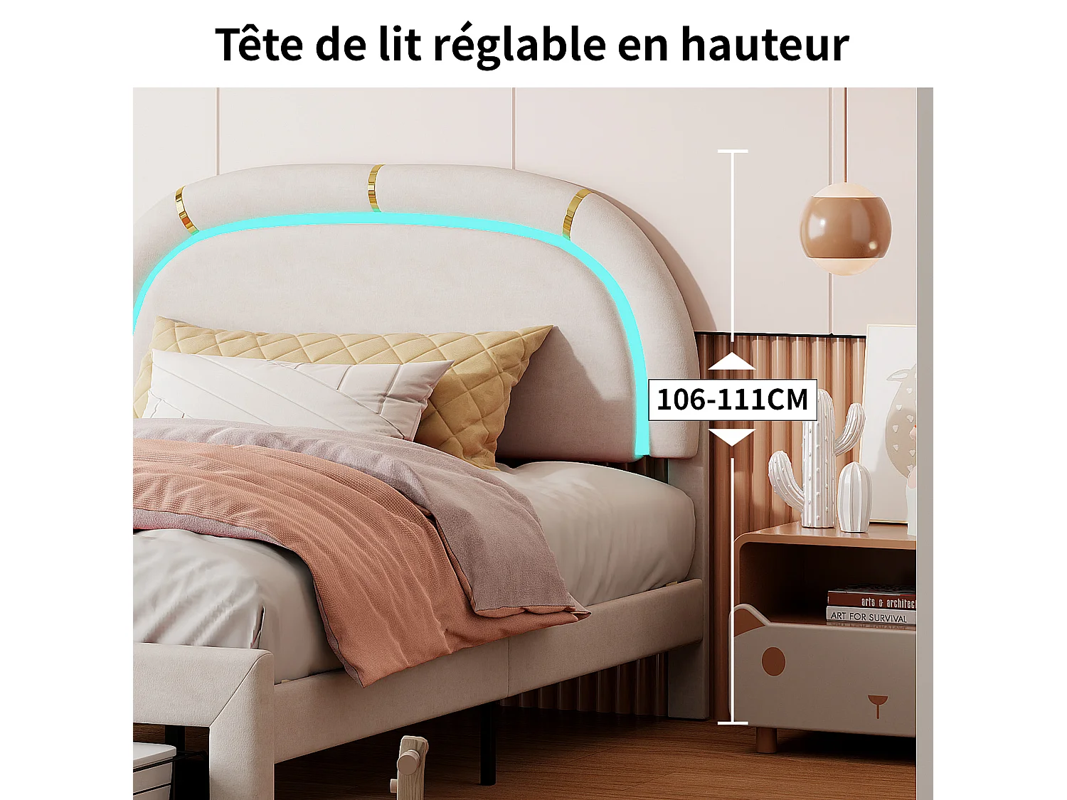 Bed 140x200 cm, Gestoffeerd bed met LED, met 2 lades, hoofdbord en lattenbodem, Beige