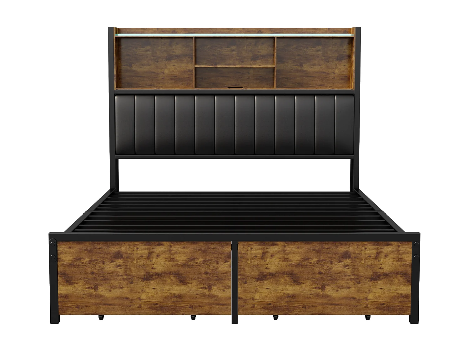 Lit Double 160x200 Cm Avec LED, Cadre Métal, 2 Tiroirs, Tête Avec Rangement, Sommier Lattes