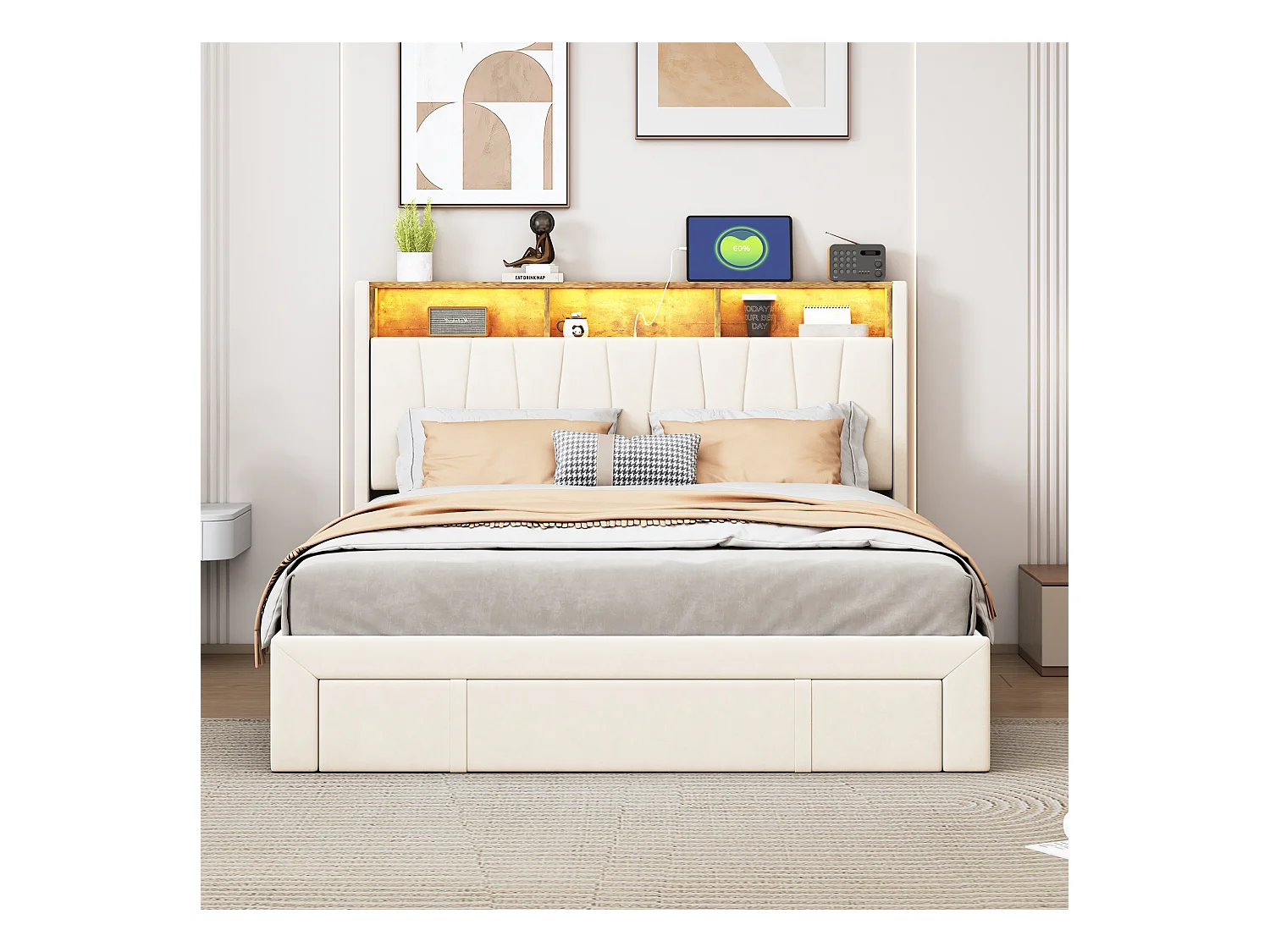 Lit 140x200 Sommier LED Et USB, Type-c,lit Capitonné Lit Double Avec 4 Tiroirs,velours, Beige
