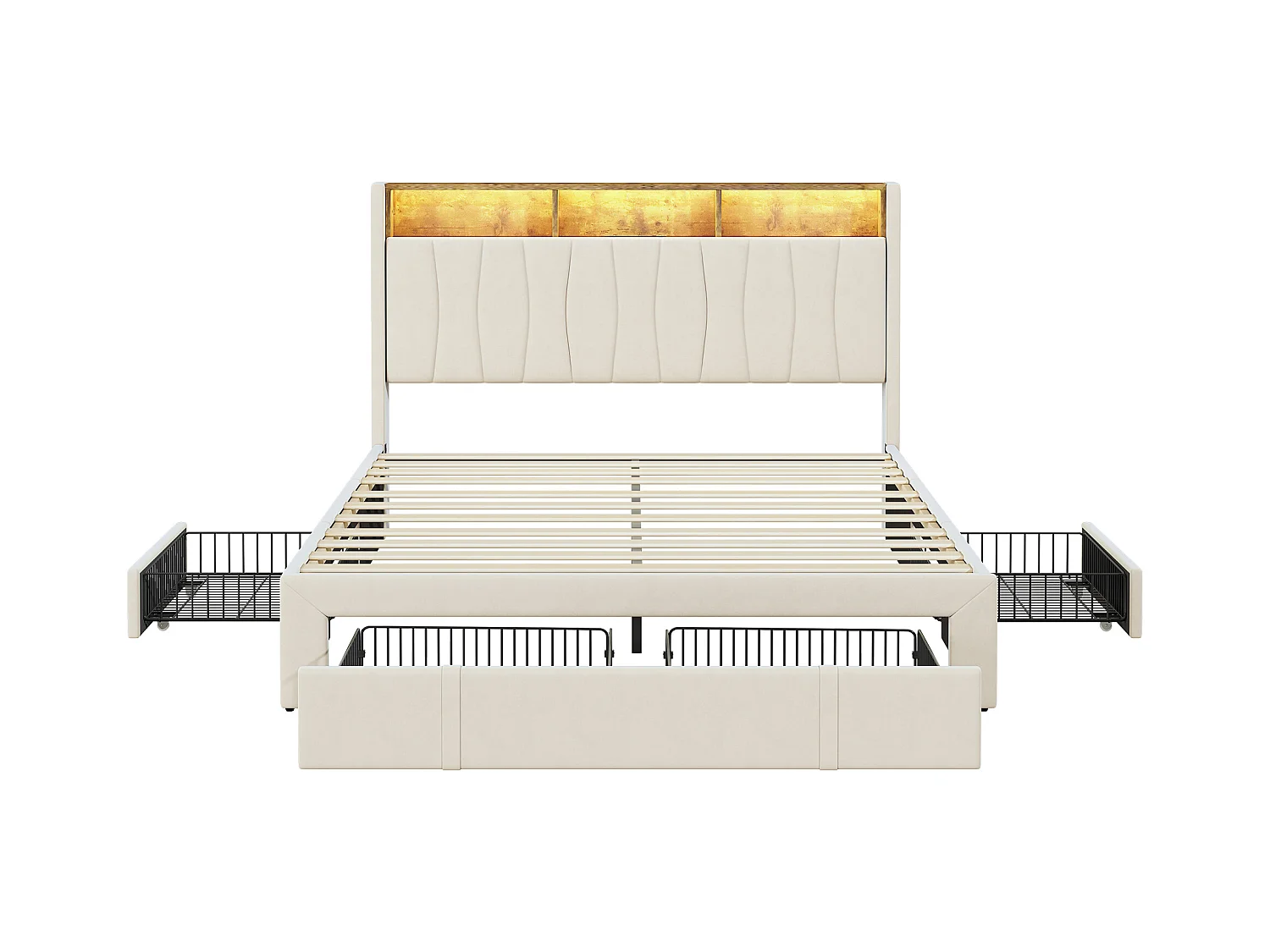 Lit 140x200 Sommier LED Et USB, Type-c,lit Capitonné Lit Double Avec 4 Tiroirs,velours, Beige