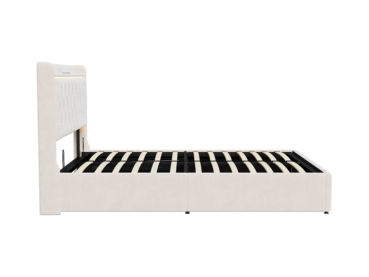 Lit Coffre 160x200 Cm, Lit Capitonné Avec Rangement Et USB De Type C, LED, Velours, Beige