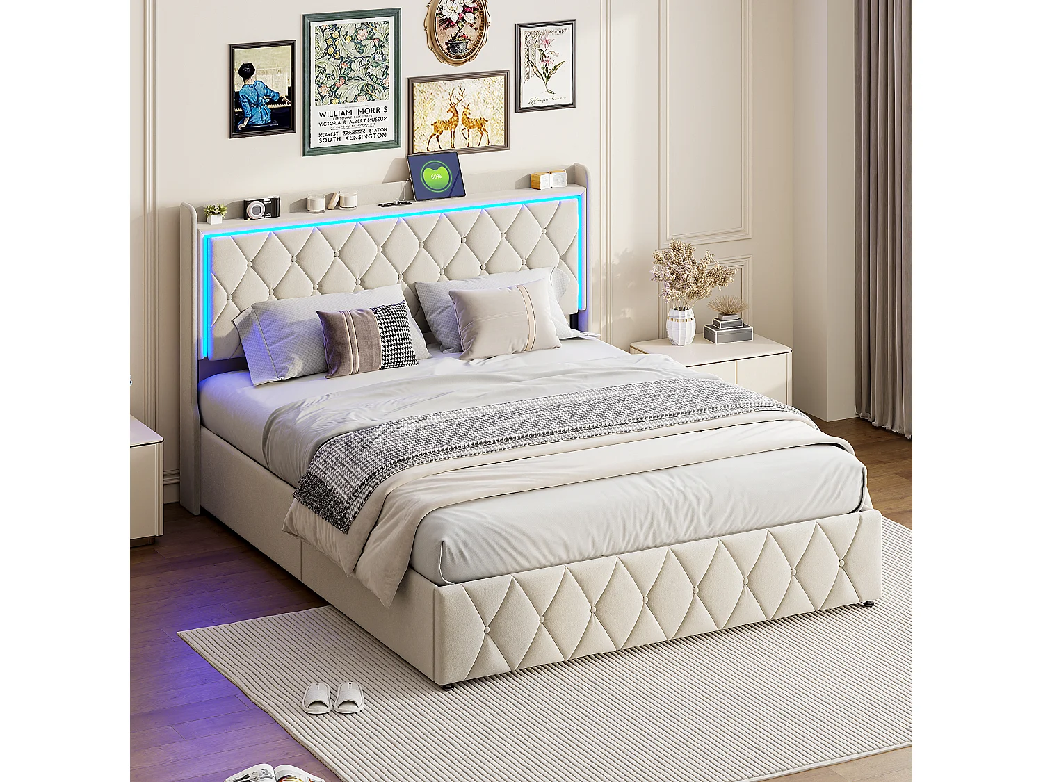 Opbergbed 160x200 cm, gestoffeerd bed met opbergruimte en USB type C, LED, fluweel, beige