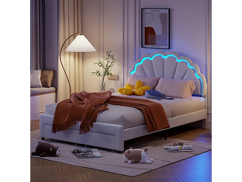 Letto matrimoniale 140x200 cm, forma a petalo, tessuto in velluto bianco, LED e cassetto.