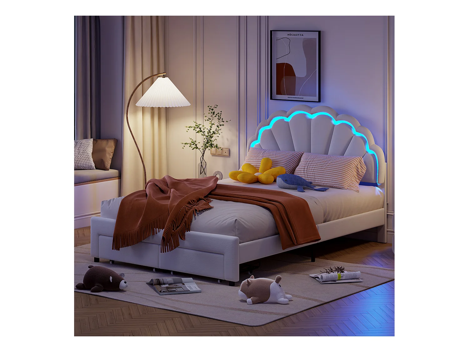 Letto matrimoniale 140x200 cm, forma a petalo, tessuto in velluto bianco, LED e cassetto.