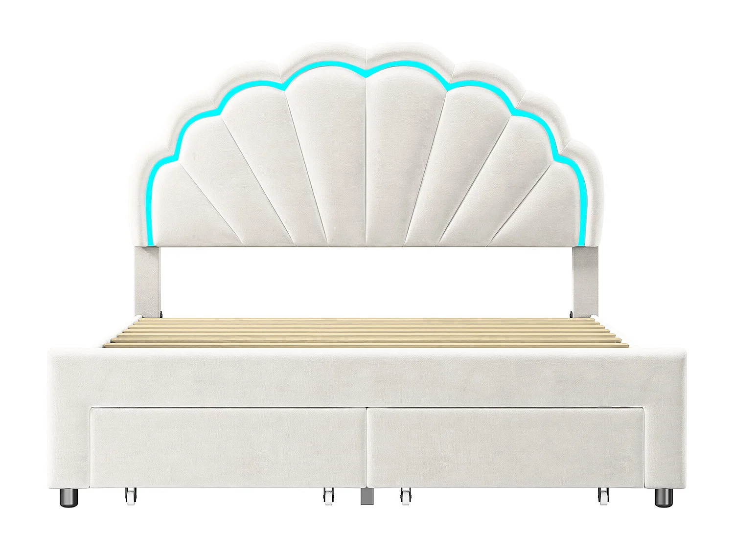 Letto matrimoniale 140x200 cm, forma a petalo, tessuto in velluto bianco, LED e cassetto.