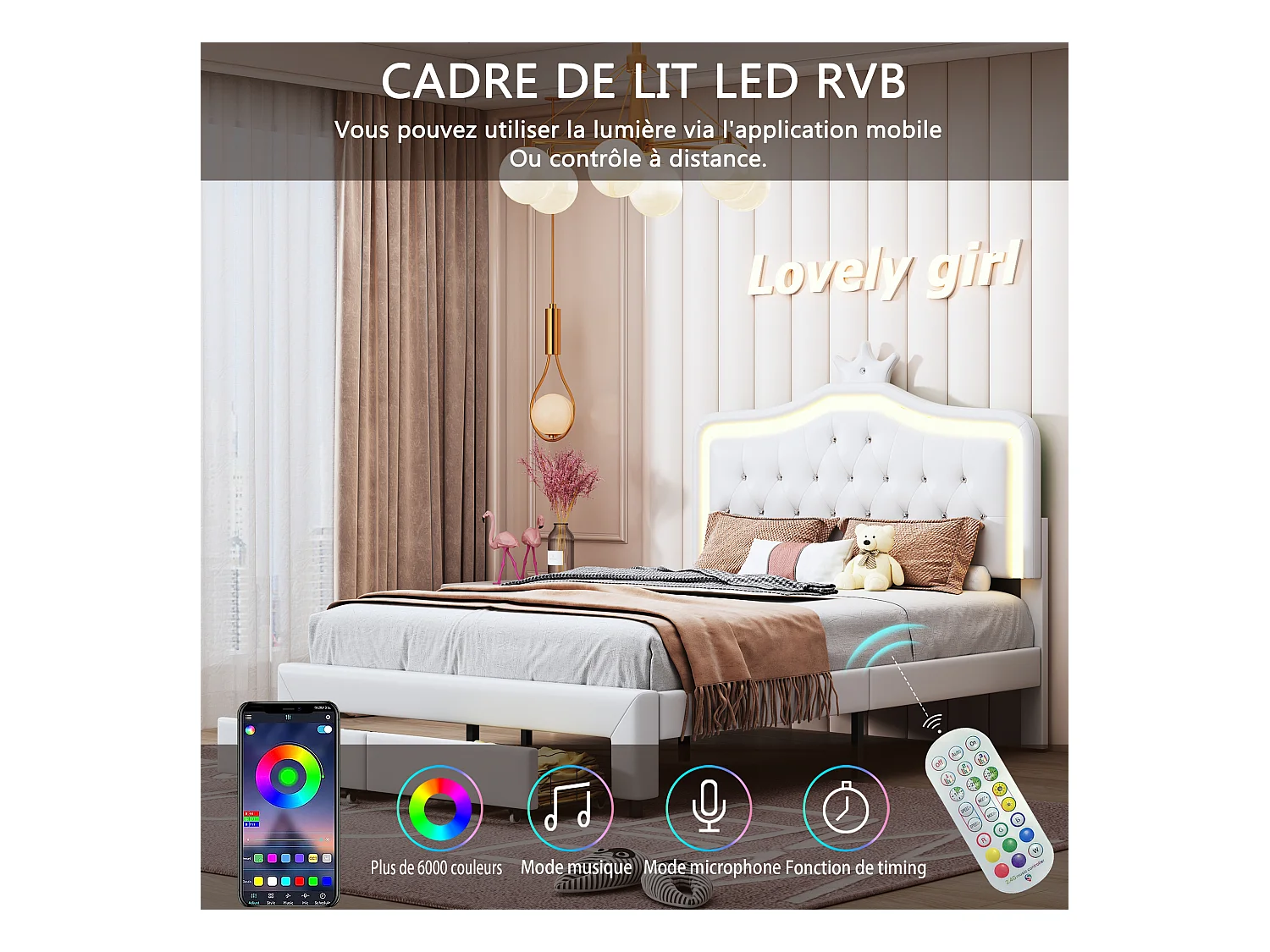 Lit Coffre 140x200 Avec Tiroirs Et LED, Lit Capitonné Avec Sommier à Lattes, Lit Double, Blanc