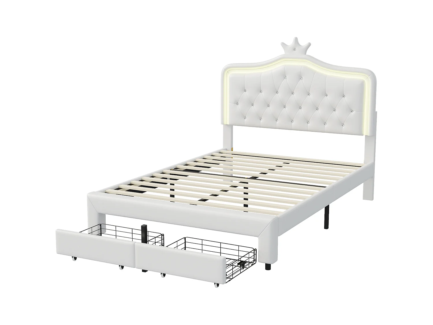 Cama de 140 x 200 cm con cajones y LED, tapizada con somier de láminas, color blanco