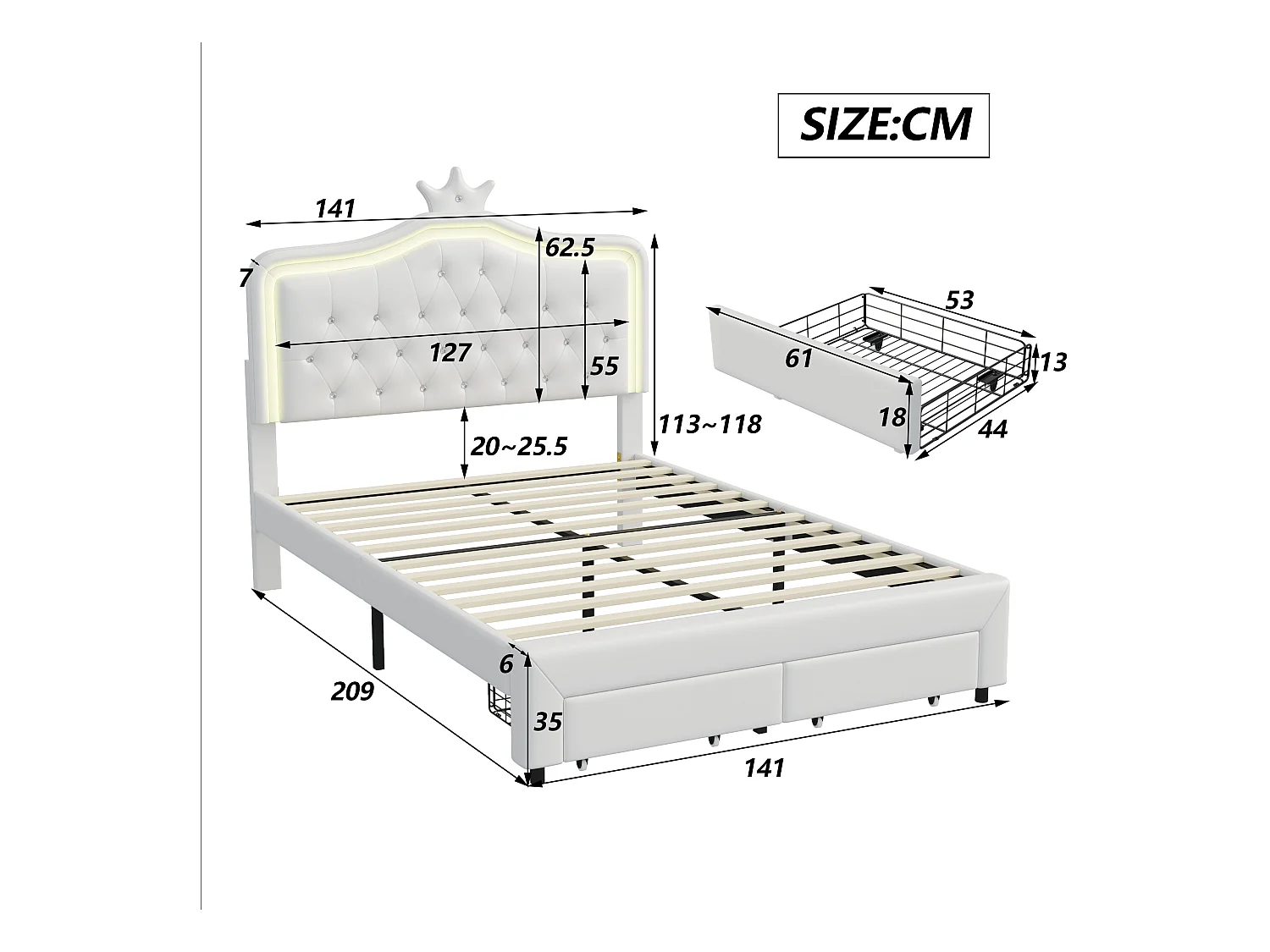 Cama de 140 x 200 cm con cajones y LED, tapizada con somier de láminas, color blanco