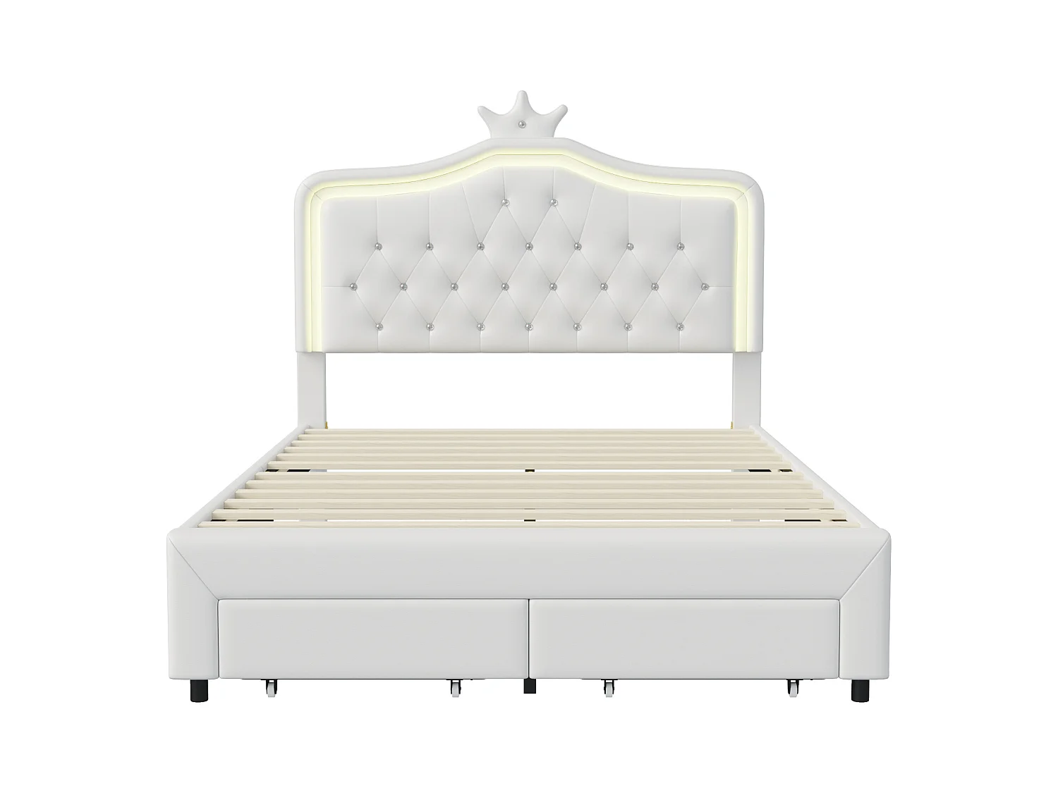 Cama de 140 x 200 cm con cajones y LED, tapizada con somier de láminas, color blanco