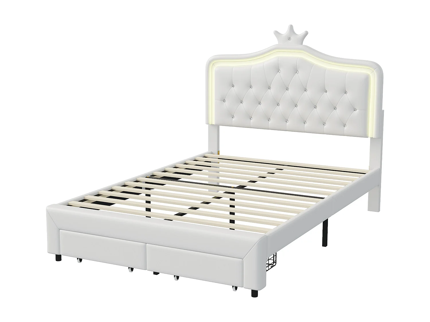 Lit Coffre 140x200 Avec Tiroirs Et LED, Lit Capitonné Avec Sommier à Lattes, Lit Double, Blanc