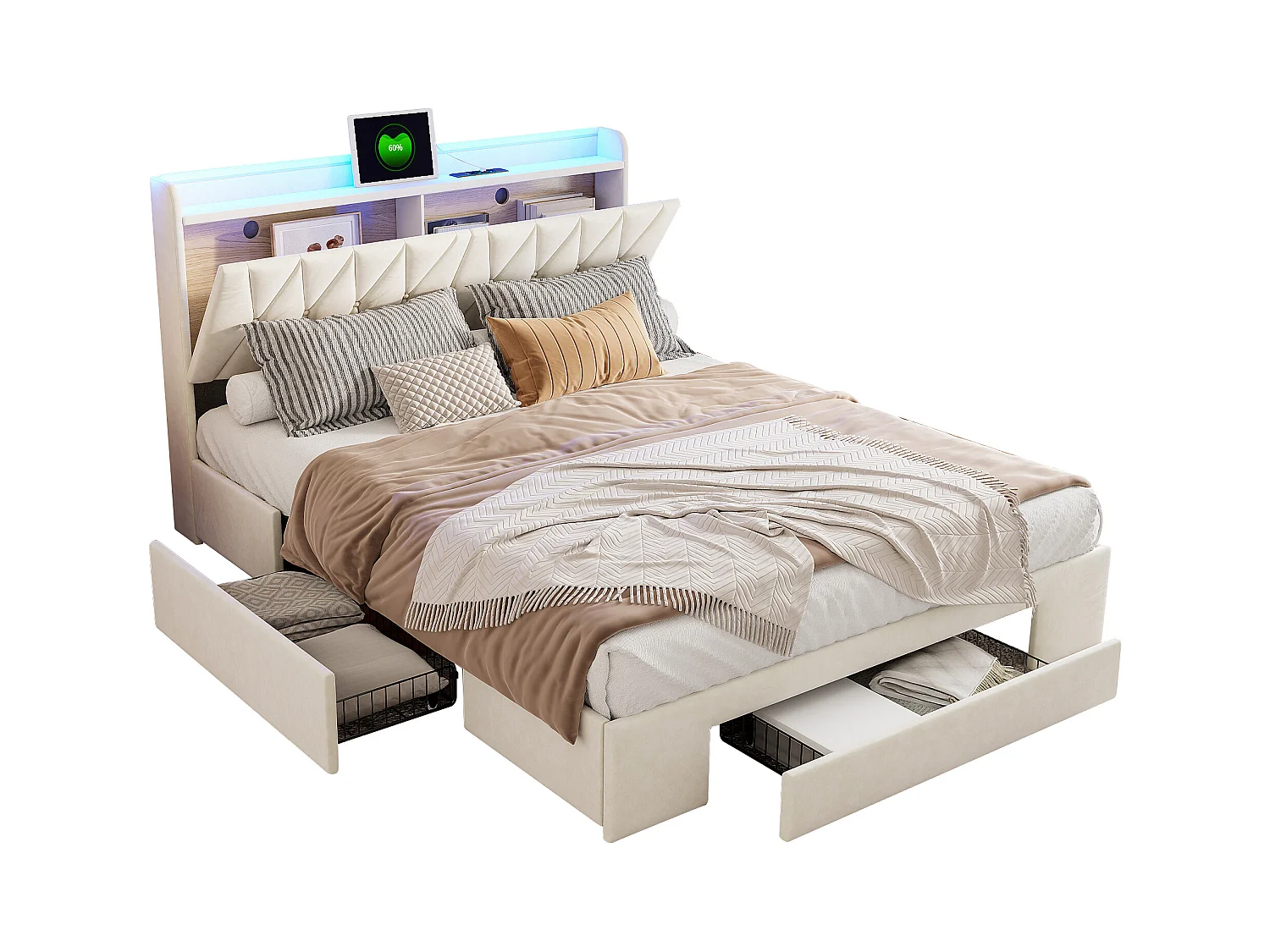 Cama de matrimonio 160x200 cm, tapizada con cajones y cabecero con almacenaje, USB y LED regulable, color beige