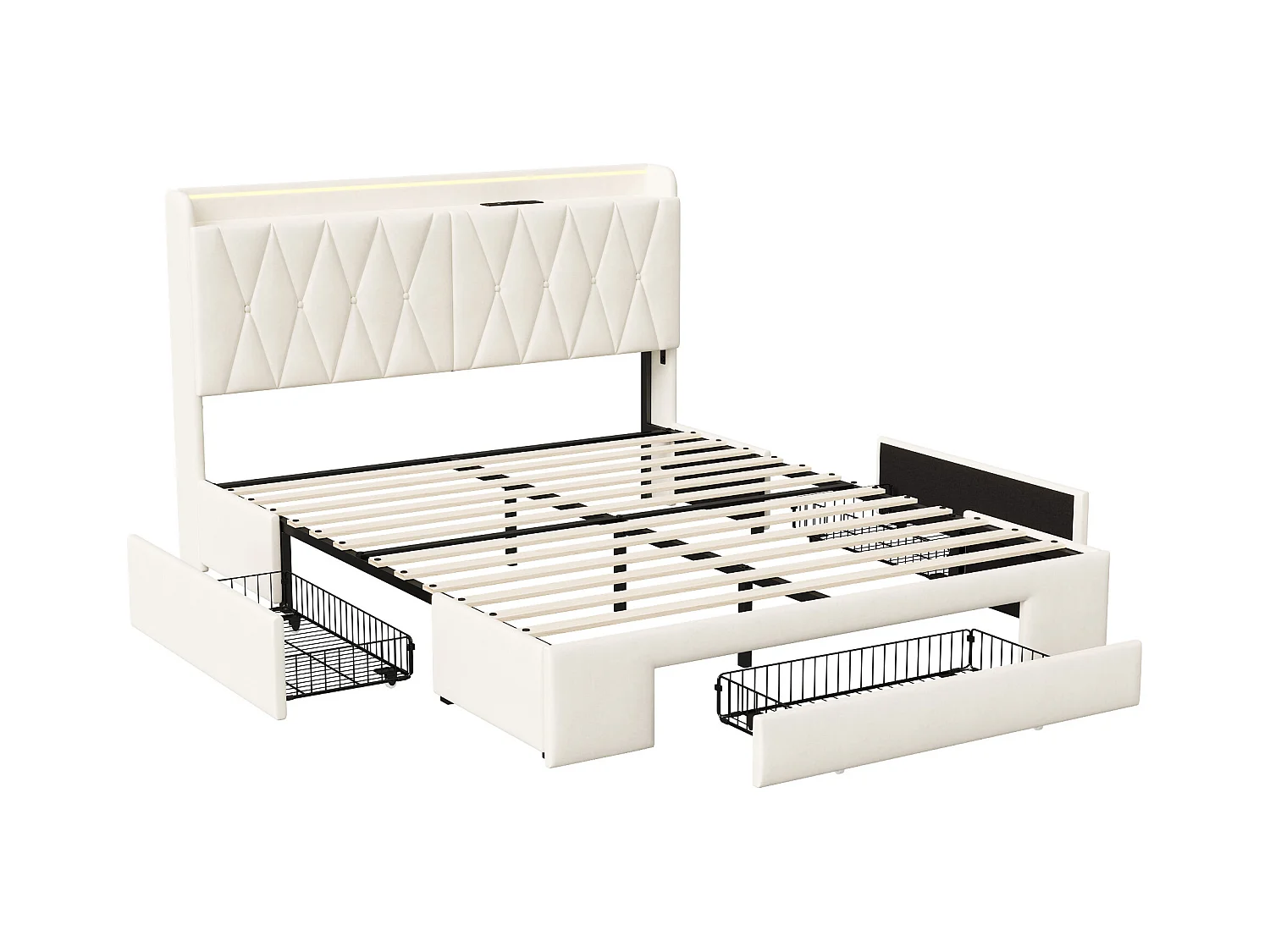 Cama de matrimonio 160x200 cm, tapizada con cajones y cabecero con almacenaje, USB y LED regulable, color beige