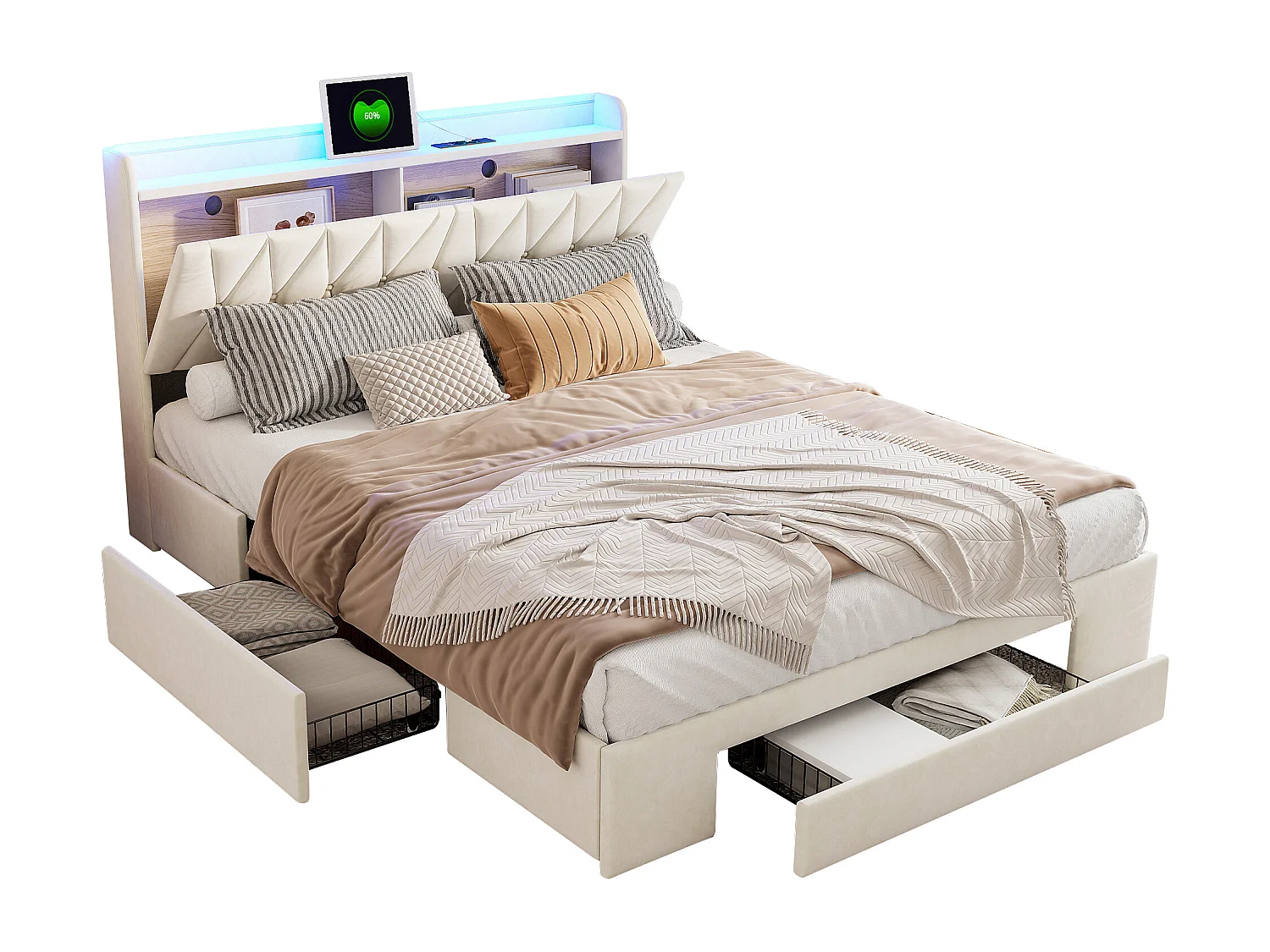Doppelbett 160x200 cm, gepolstert mit Schubladen und Stauraum am Kopfteil, USB und verstellbarer LED, Beige