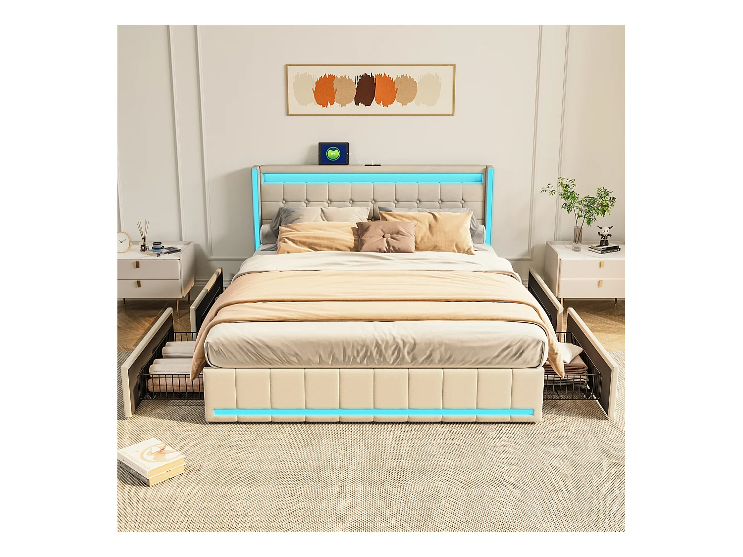 Letto 140x200 con base LED e USB, Letto contenitore 140x200 con doghe e 4 cassetti, Beige