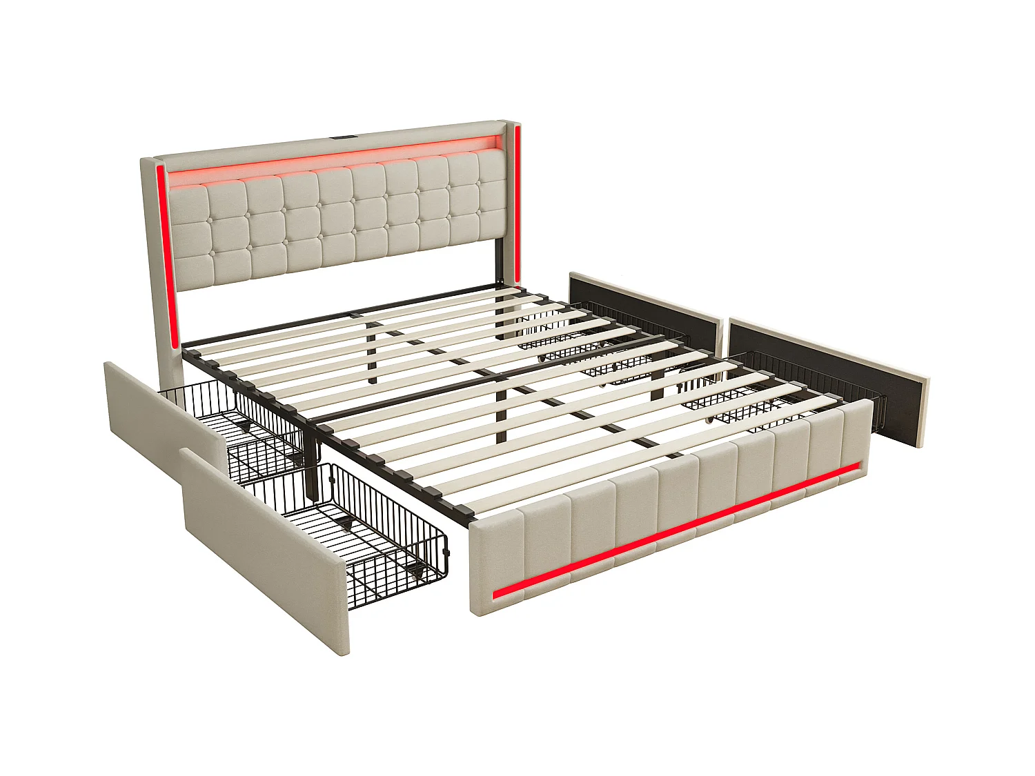 Letto 140x200 con base LED e USB, Letto contenitore 140x200 con doghe e 4 cassetti, Beige