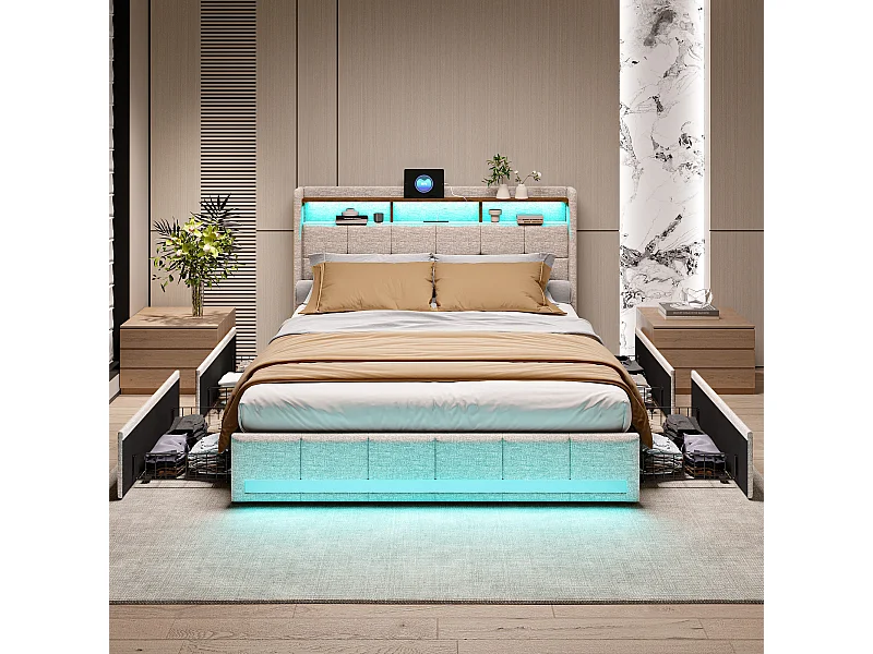 Bed 180x200 LED-basis en 2 USB-poorten, Type-c, gestoffeerd tweepersoonsbed met 4 lades, linnen, beige