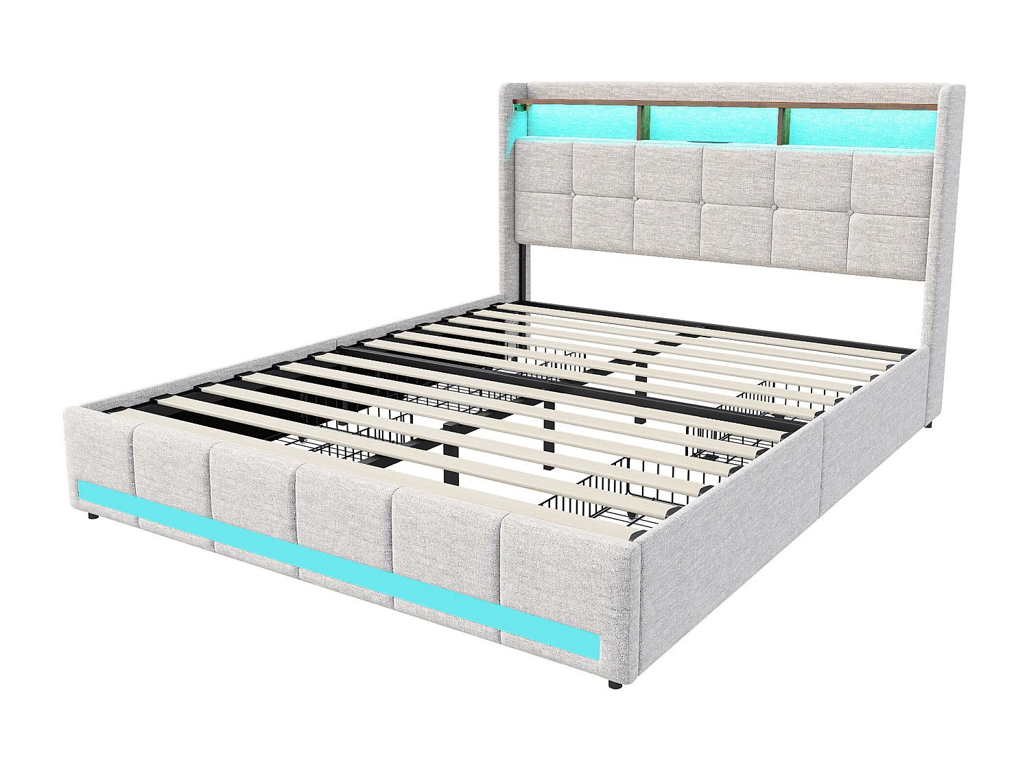 Bed 180x200 LED-basis en 2 USB-poorten, Type-c, gestoffeerd tweepersoonsbed met 4 lades, linnen, beige