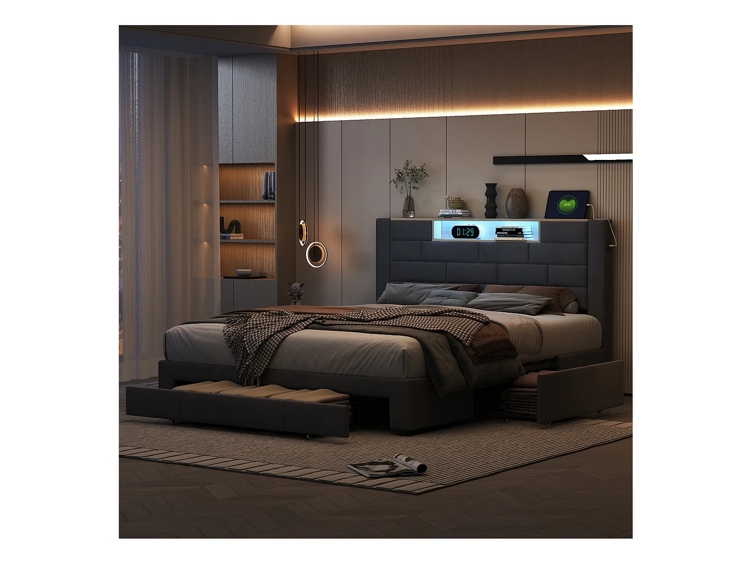 Letto matrimoniale 140x200 cm in velluto grigio, 3 cassetti, testiera LED con USB-C, rete a doghe inclusa