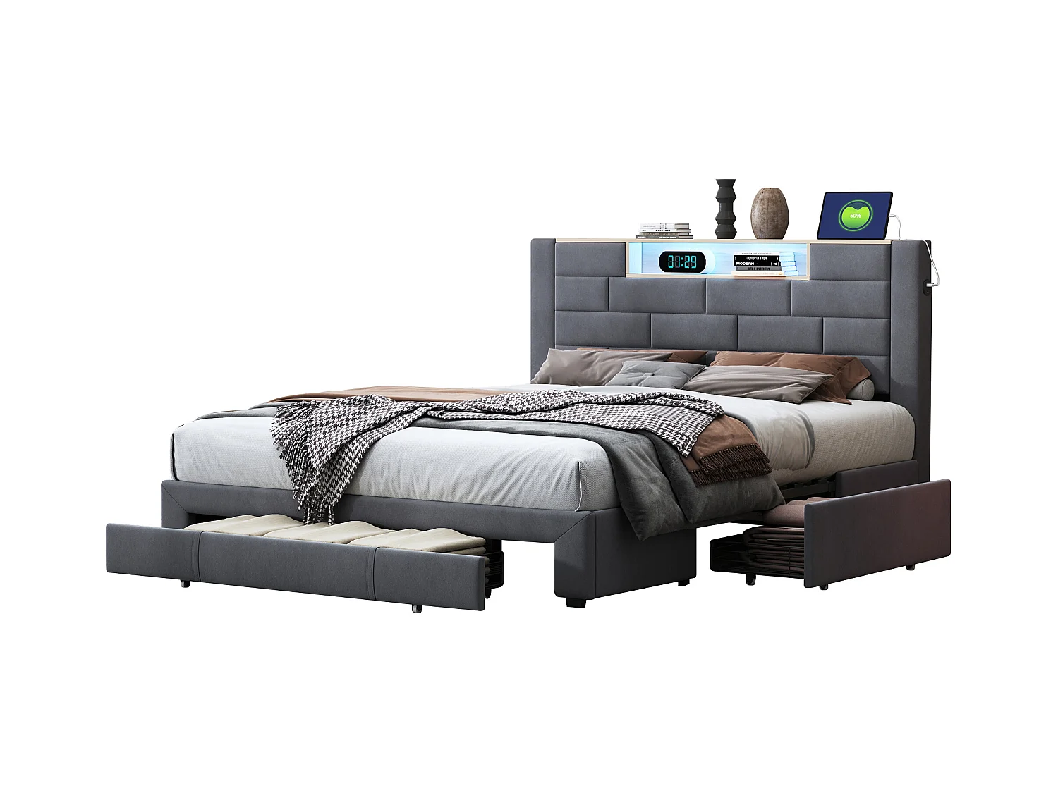 Letto matrimoniale 140x200 cm in velluto grigio, 3 cassetti, testiera LED con USB-C, rete a doghe inclusa