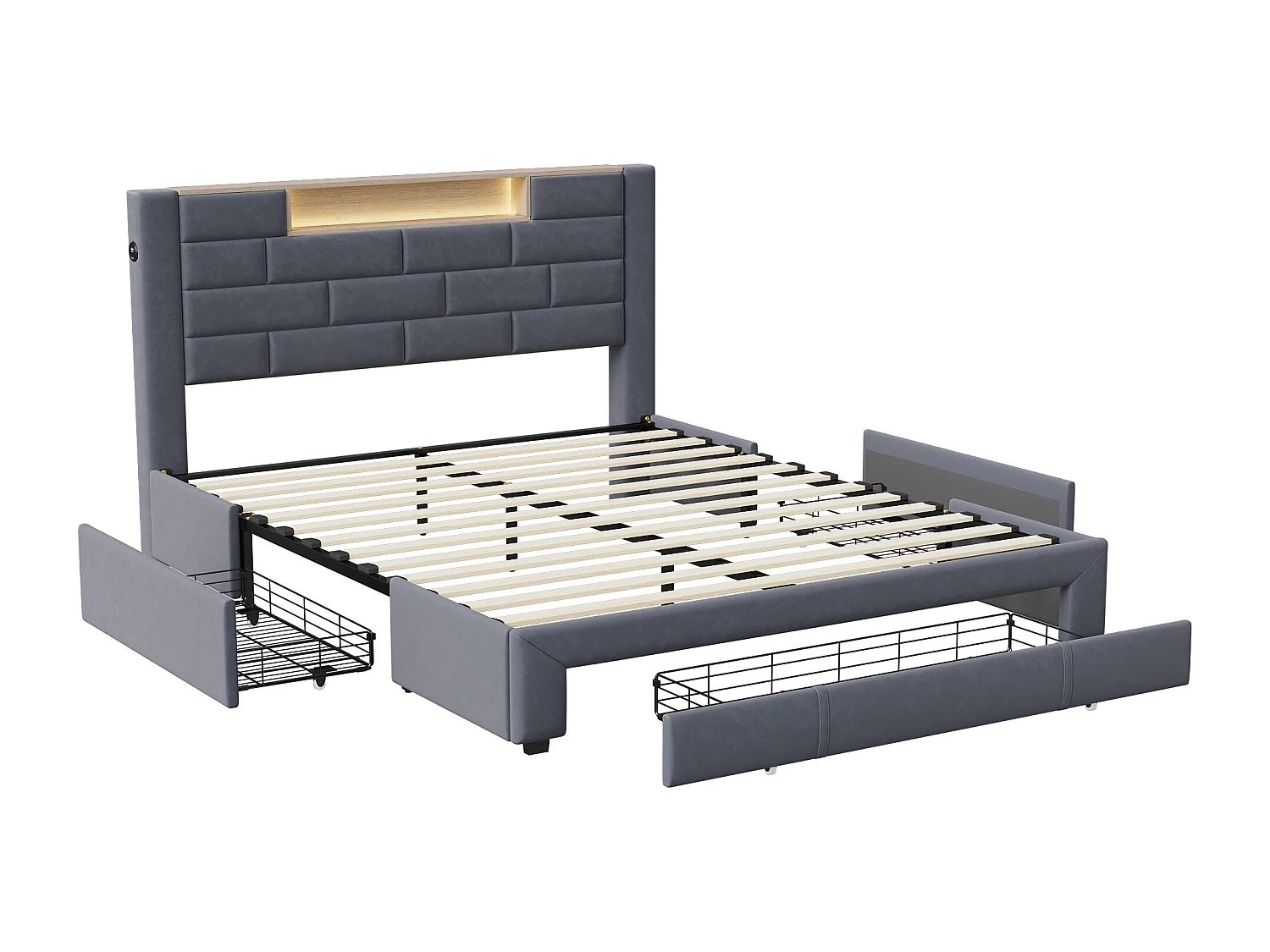 Lit Double 140x200 Cm En Velours Gris, 3 Tiroirs, Tête De Lit LED Avec USB-c,sommier à Lattes Inclus