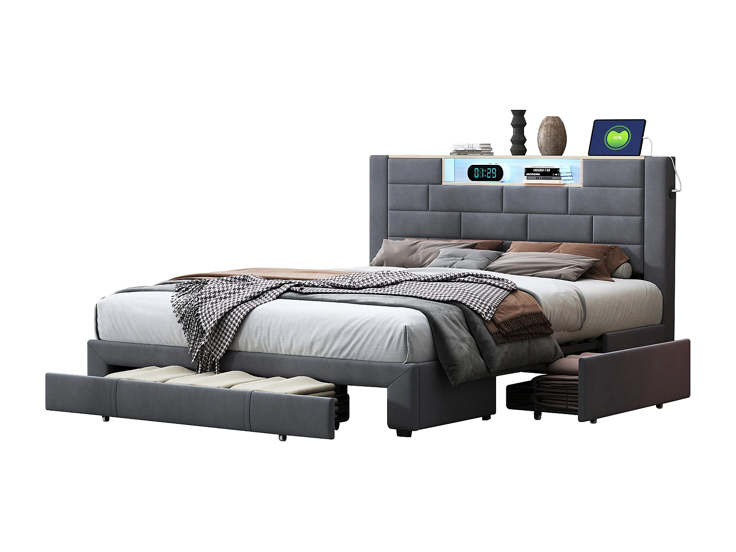 Lit Double 140x200 Cm En Velours Gris, 3 Tiroirs, Tête De Lit LED Avec USB-c,sommier à Lattes Inclus