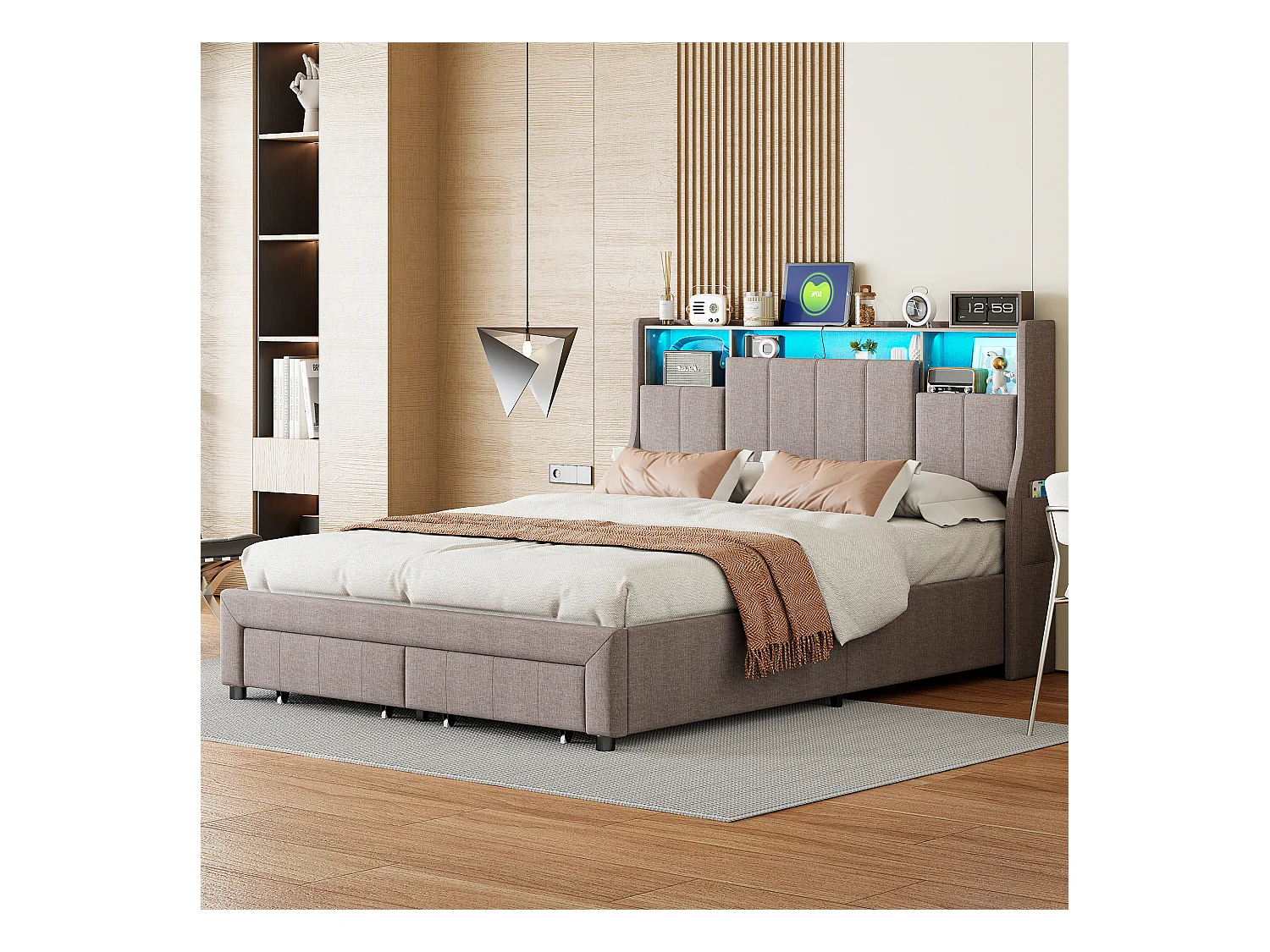 Lit Double 160x200 Cm , 2 Tiroirs Et Rangement Tête De Lit, LED Et Recharge USB, Lin Gris.