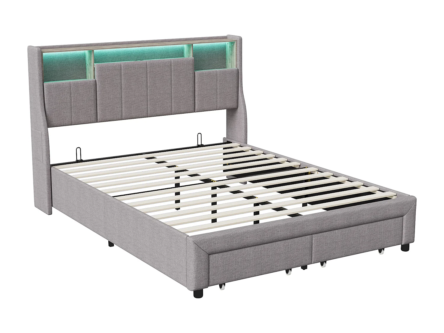 Doppelbett 160 x 200 cm, 2 Schubladen und Stauraum am Kopfteil, LED und USB-Ladefunktion, graues Leinen.