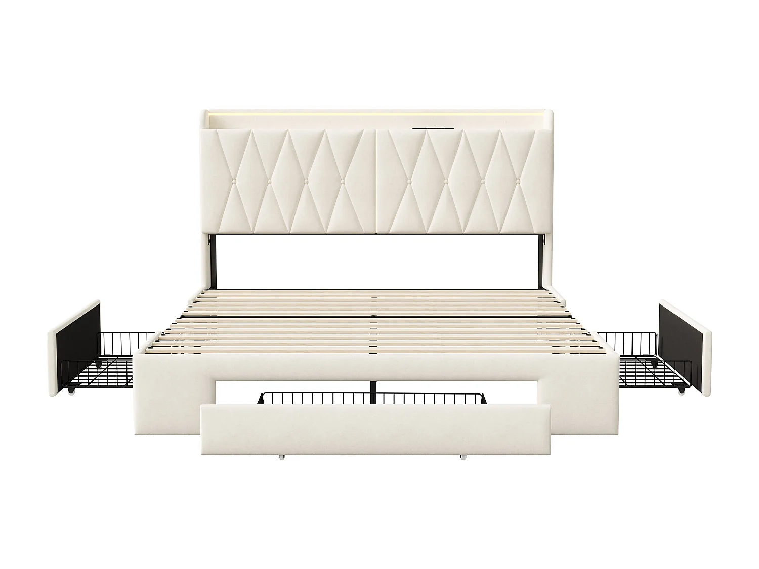 Bedbodem 140x200 LED en USB, Type-c, 3 laden, hoofdbord met opbergruimte, fluweel, beige