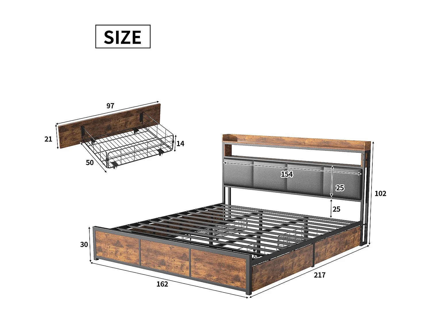 Doppelbett 160x200 cm mit LED, 4 Schubladen, Kopfteil mit Stauraum, schwarzer PU-Bezug