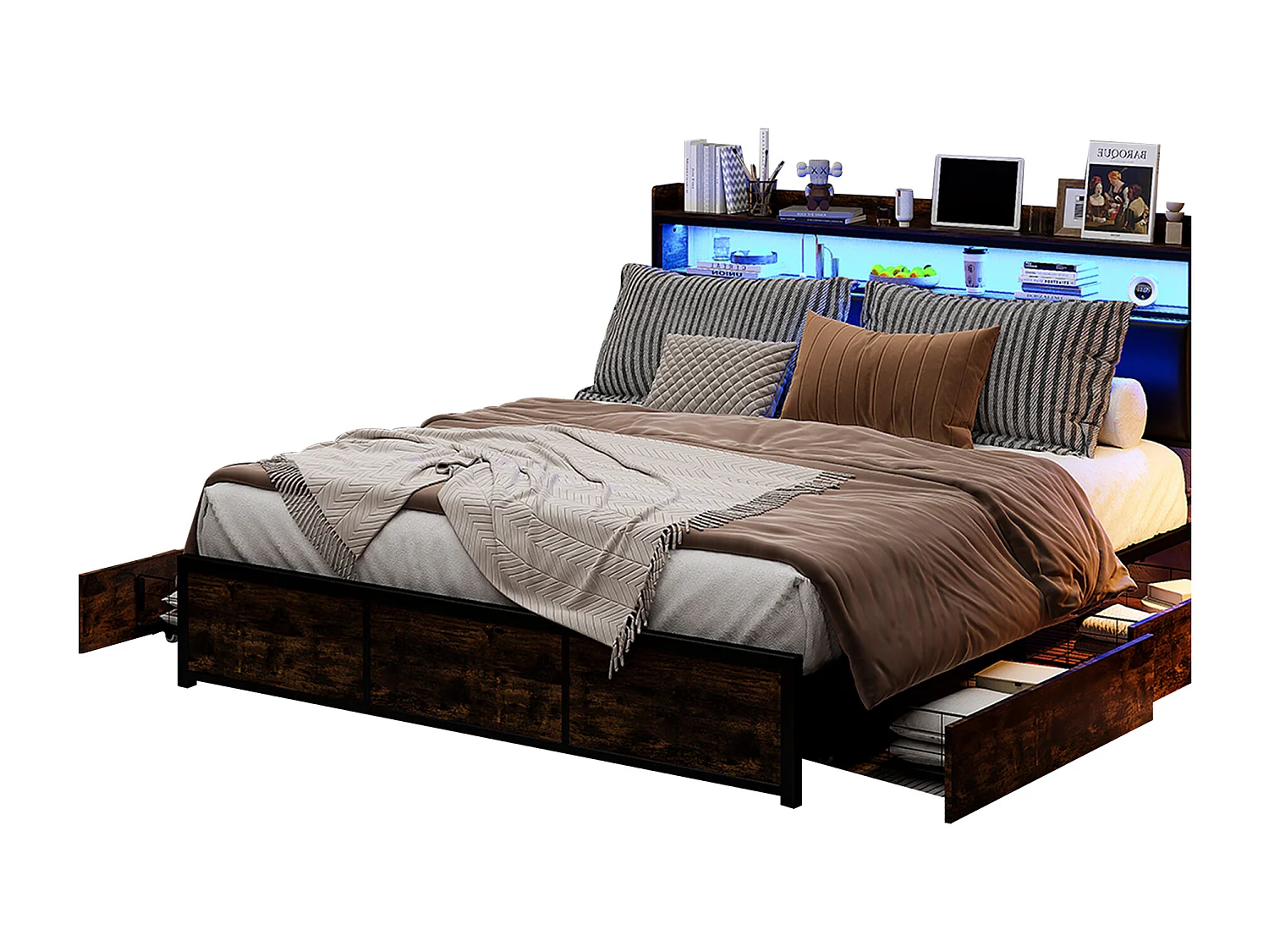 Doppelbett 160x200 cm mit LED, 4 Schubladen, Kopfteil mit Stauraum, schwarzer PU-Bezug