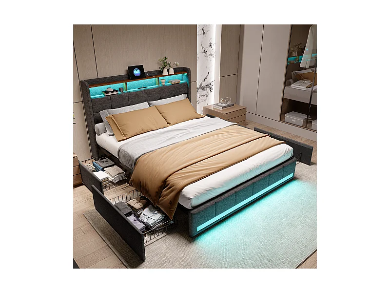 Base de cama de 160 x 200 cm, LED y 2 puertos USB tipo C, tapizada, cama doble con 4 cajones, lino, gris