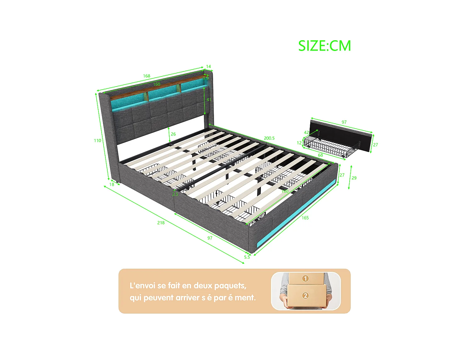 160x200 Bettgestell LED und 2 USB, Typ-C, Polsterbett Doppelbett mit 4 Schubladen, Leinen, Grau