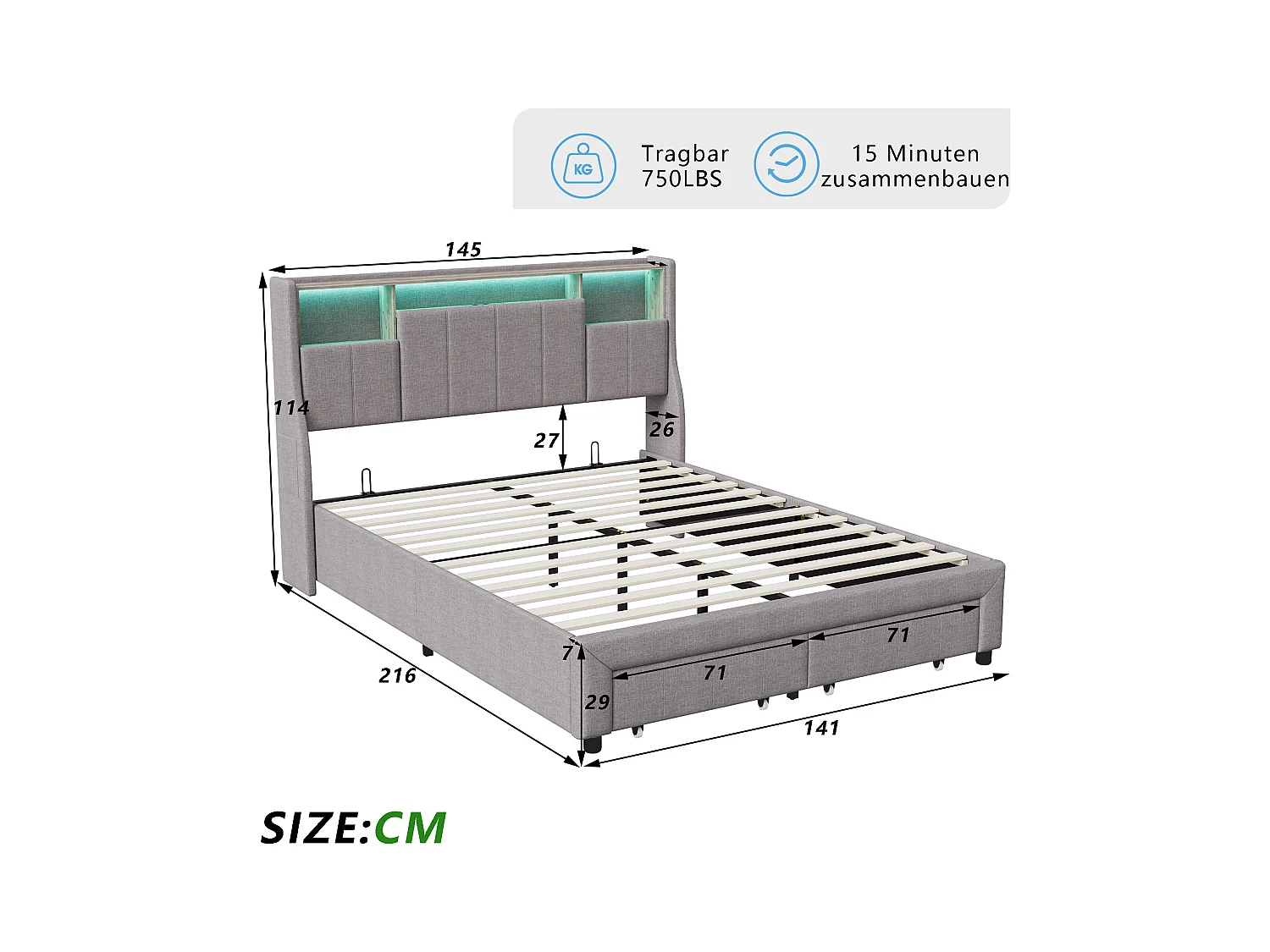 Lit Double 140x200 Cm , 2 Tiroirs Et Rangement Tête De Lit, LED Et Recharge USB, Lin Gris.