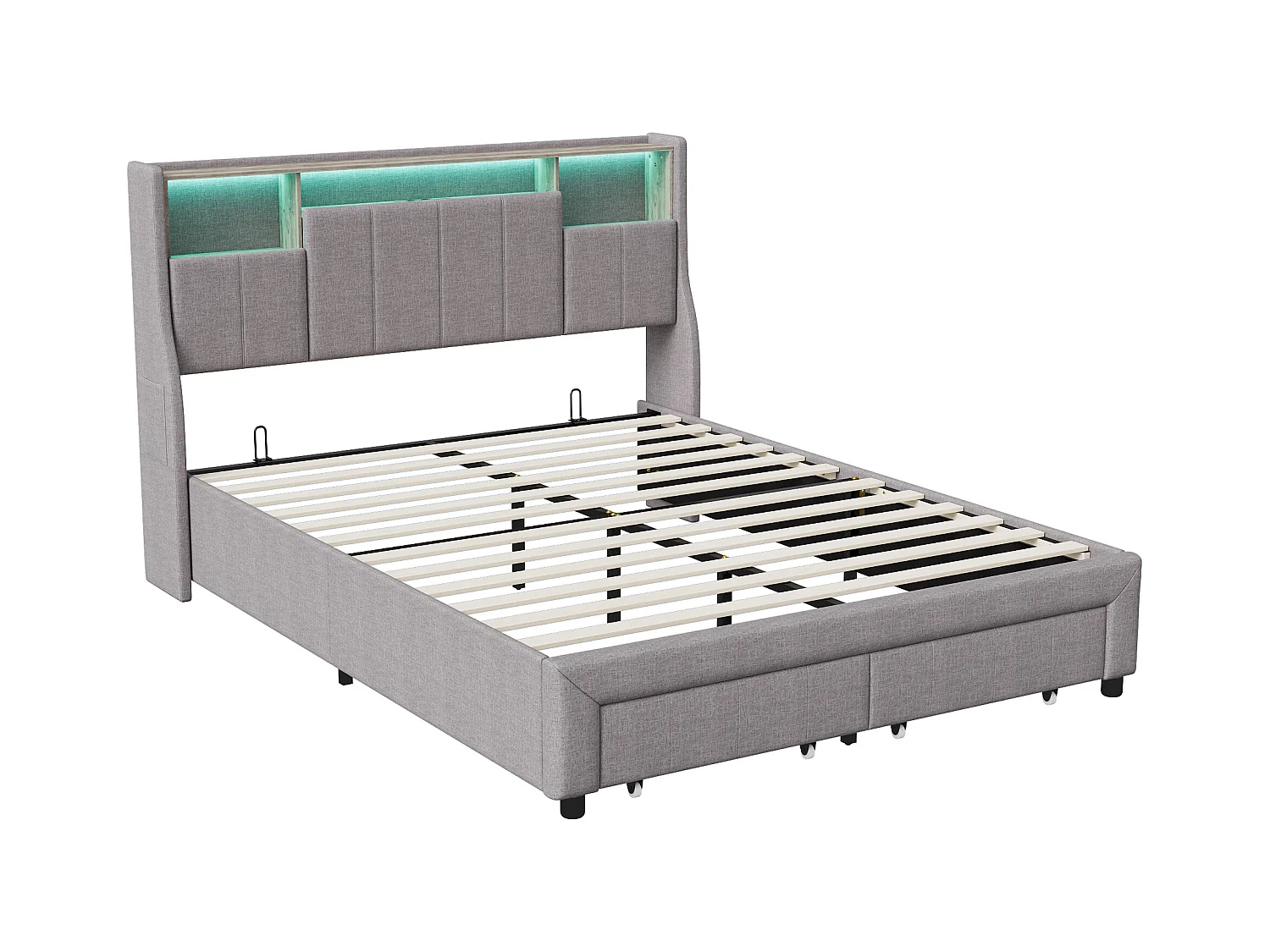 Lit Double 140x200 Cm , 2 Tiroirs Et Rangement Tête De Lit, LED Et Recharge USB, Lin Gris.