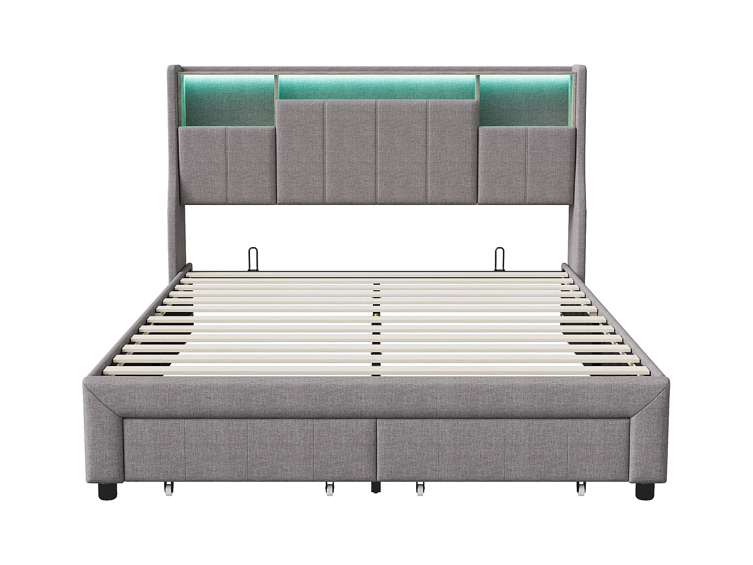 Lit Double 140x200 Cm , 2 Tiroirs Et Rangement Tête De Lit, LED Et Recharge USB, Lin Gris.